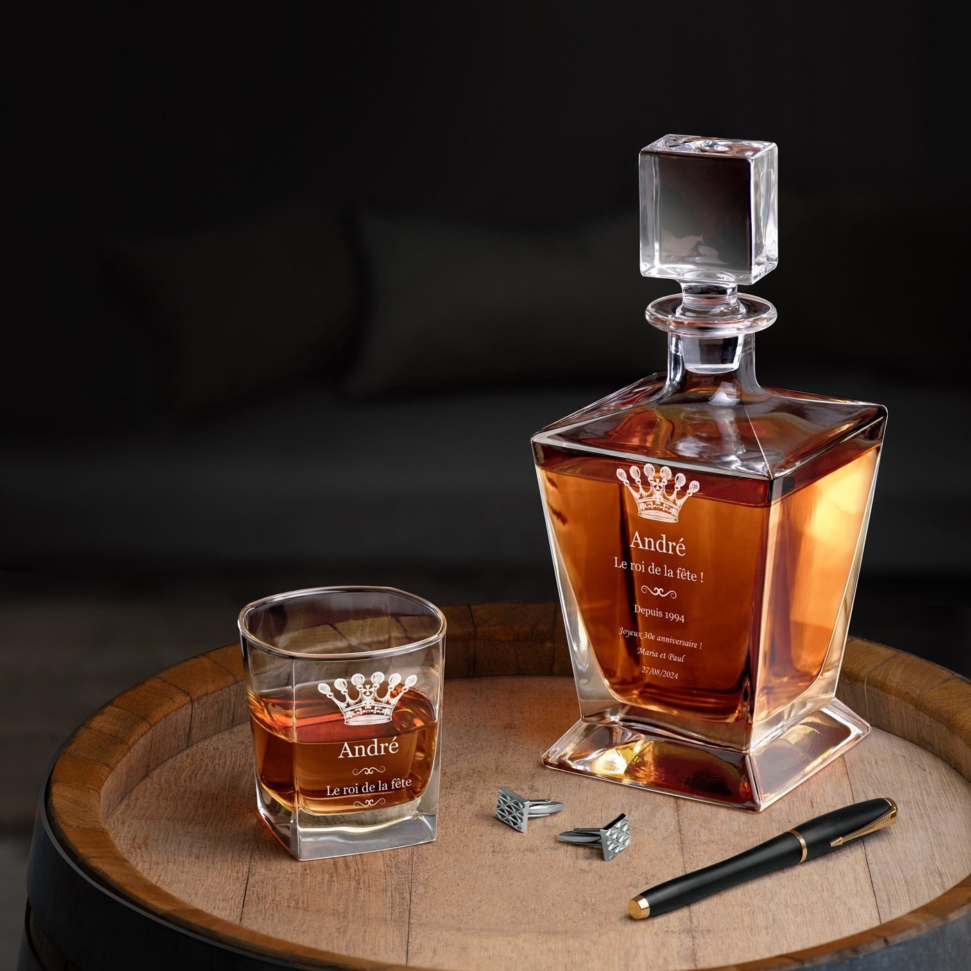 Decantador de whisky Murrano Pirámide y 6 vasos grabados para hombre - 30º cumpleaños