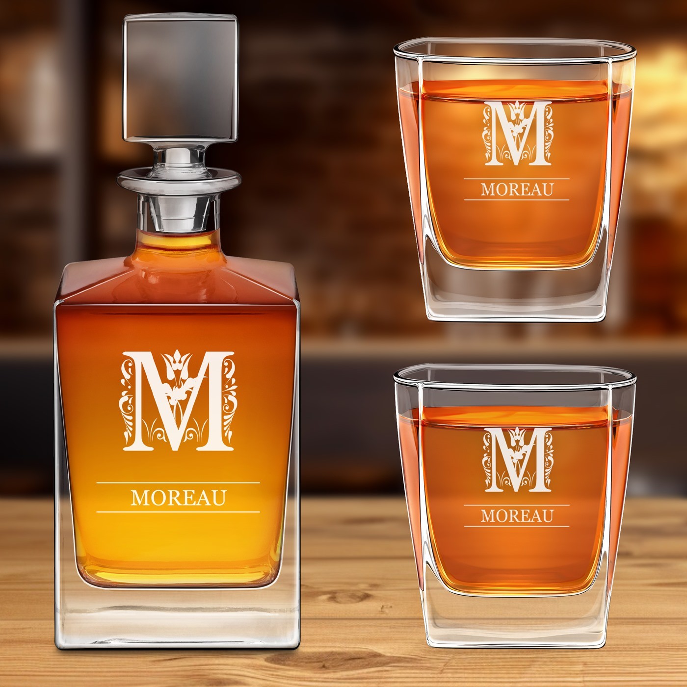 Set de decantador de whisky Murrano con 2 vasos y grabado láser