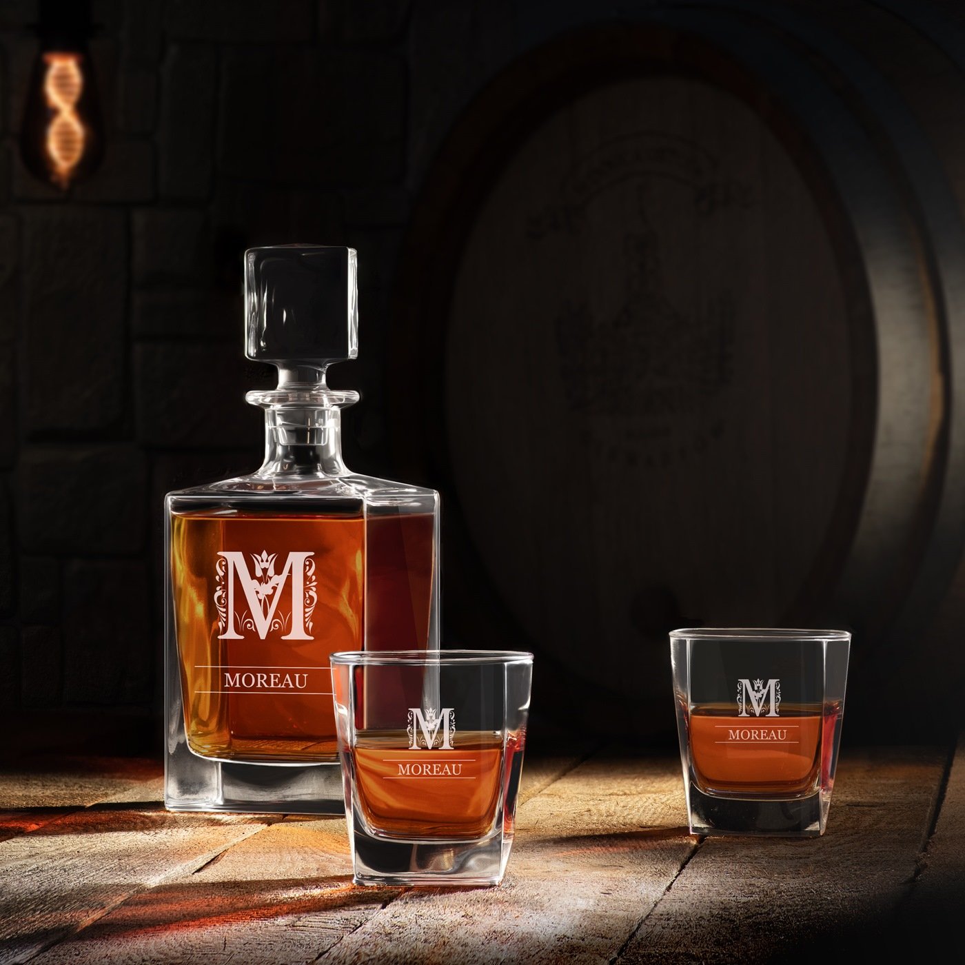 Set de decantador de whisky Murrano con 2 vasos y grabado láser