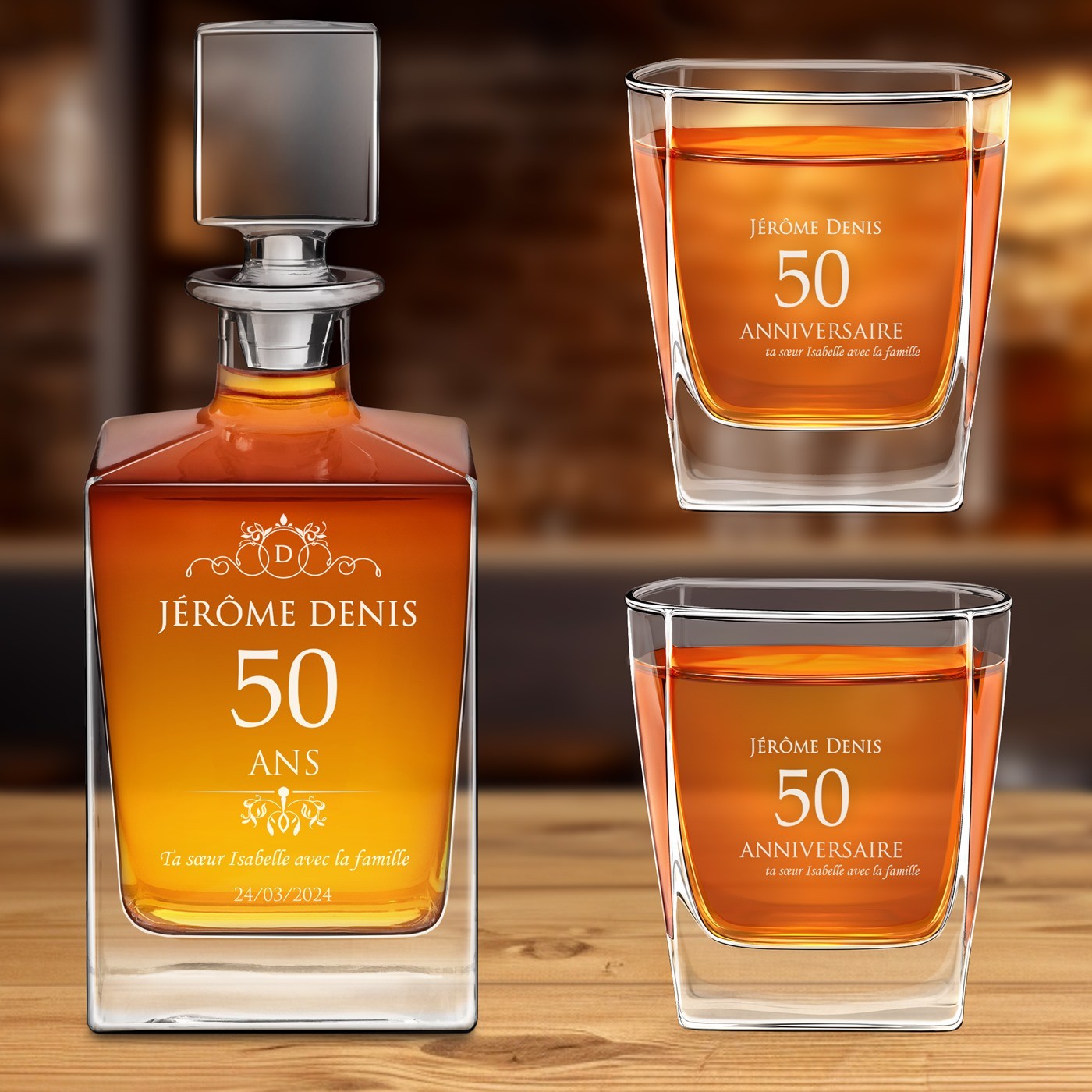 Set de decantador de whisky Murrano con 2 vasos y grabado láser para su 50º cumpleaños