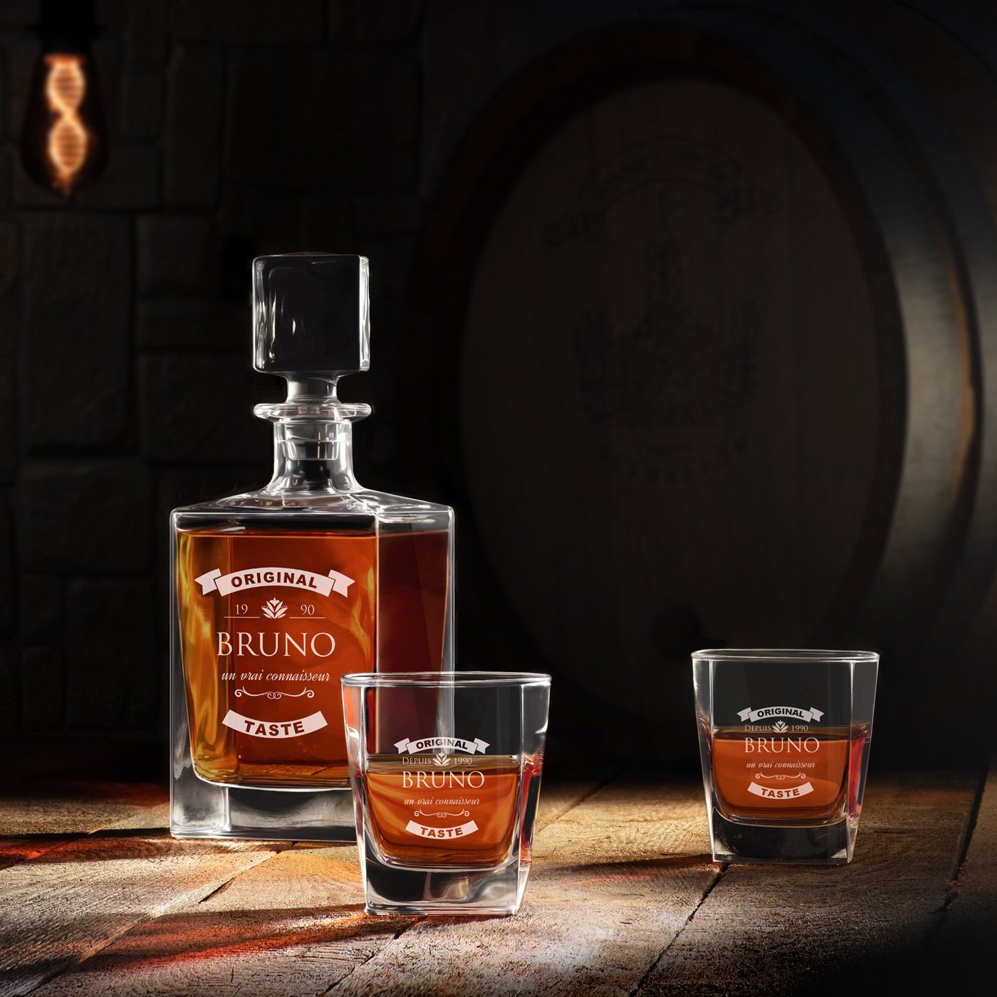 Carafe Cube Murrano et 4 Verres à Whisky Gravés au Laser pour Lui