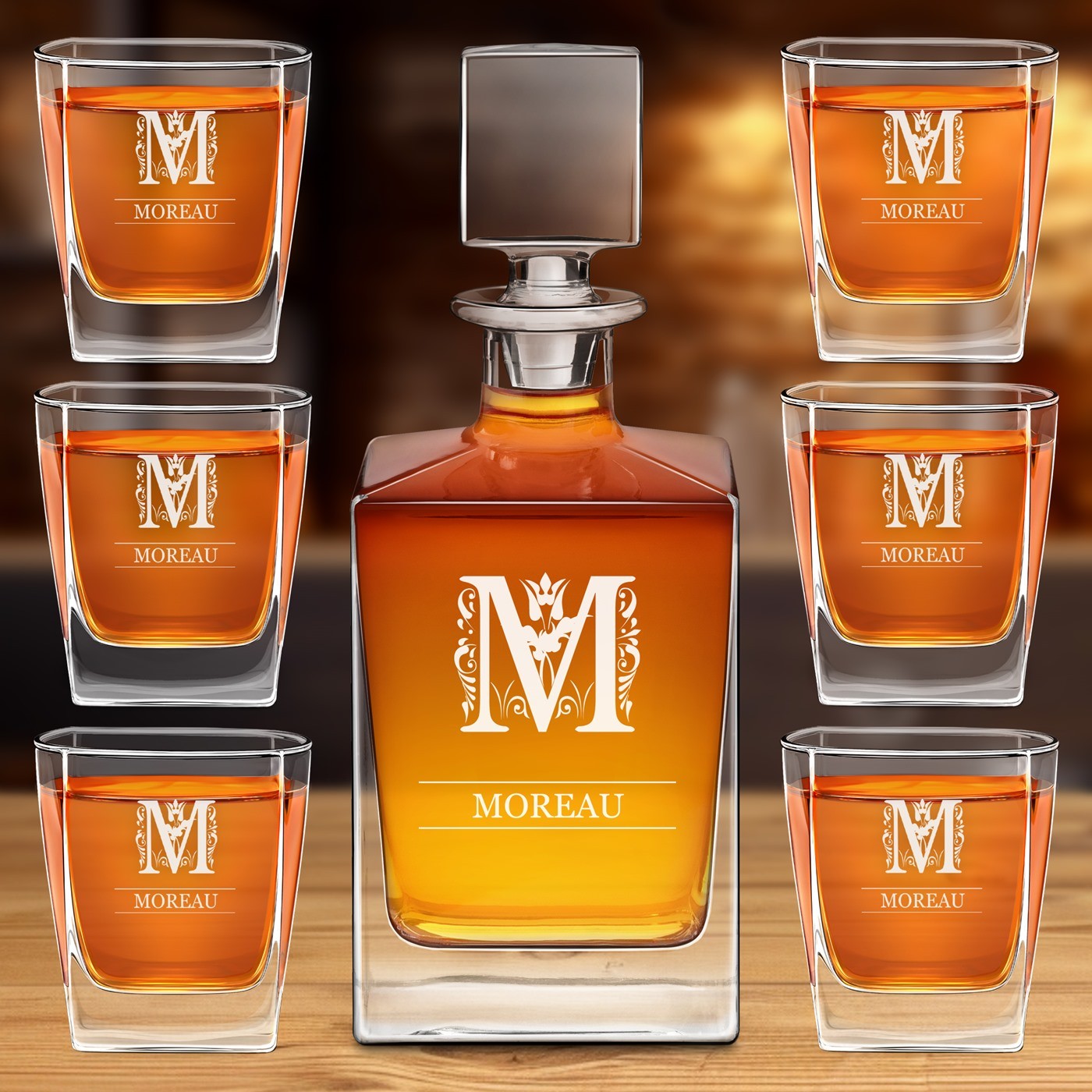 Juguete de whisky en cubo Murrano y 6 vasos con grabado para el abuelo