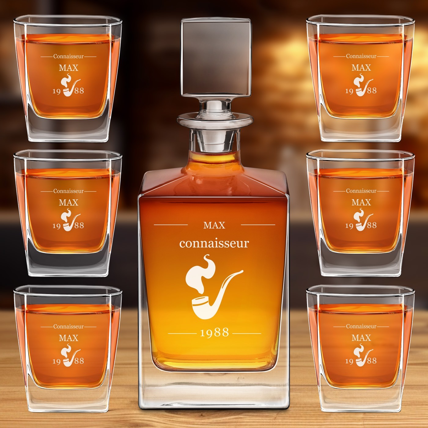 Set de decantador de whisky Murrano con 6 vasos y grabado láser