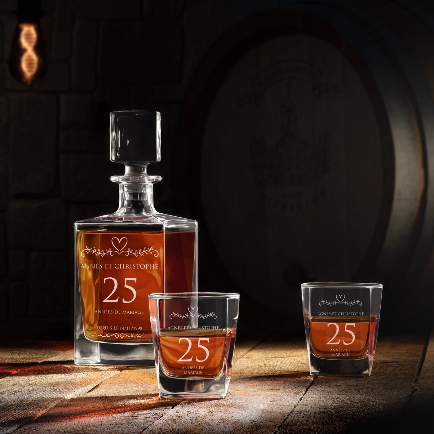 Jugo de whisky Murrano y 6 vasos con grabado láser para una pareja que celebra su 30º aniversario de matrimonio