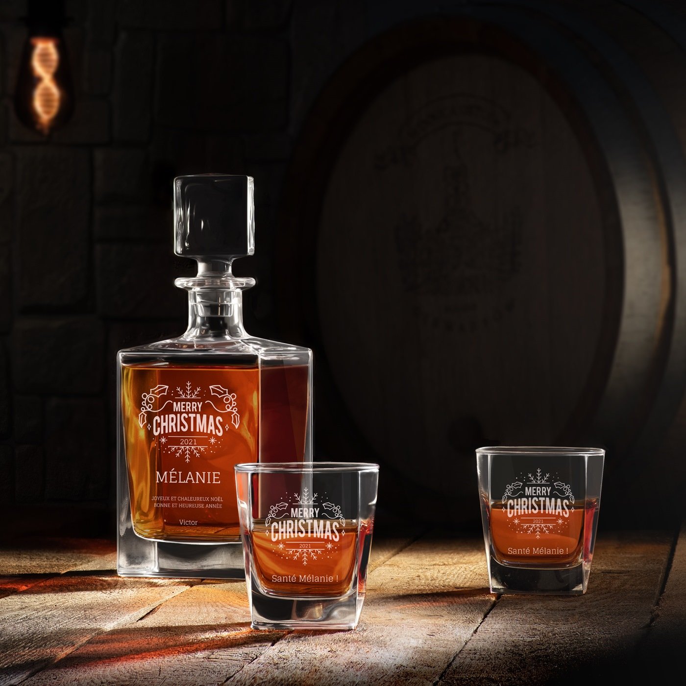 Set de cáfara y 6 vasos de whisky Murrano con grabado láser para ella