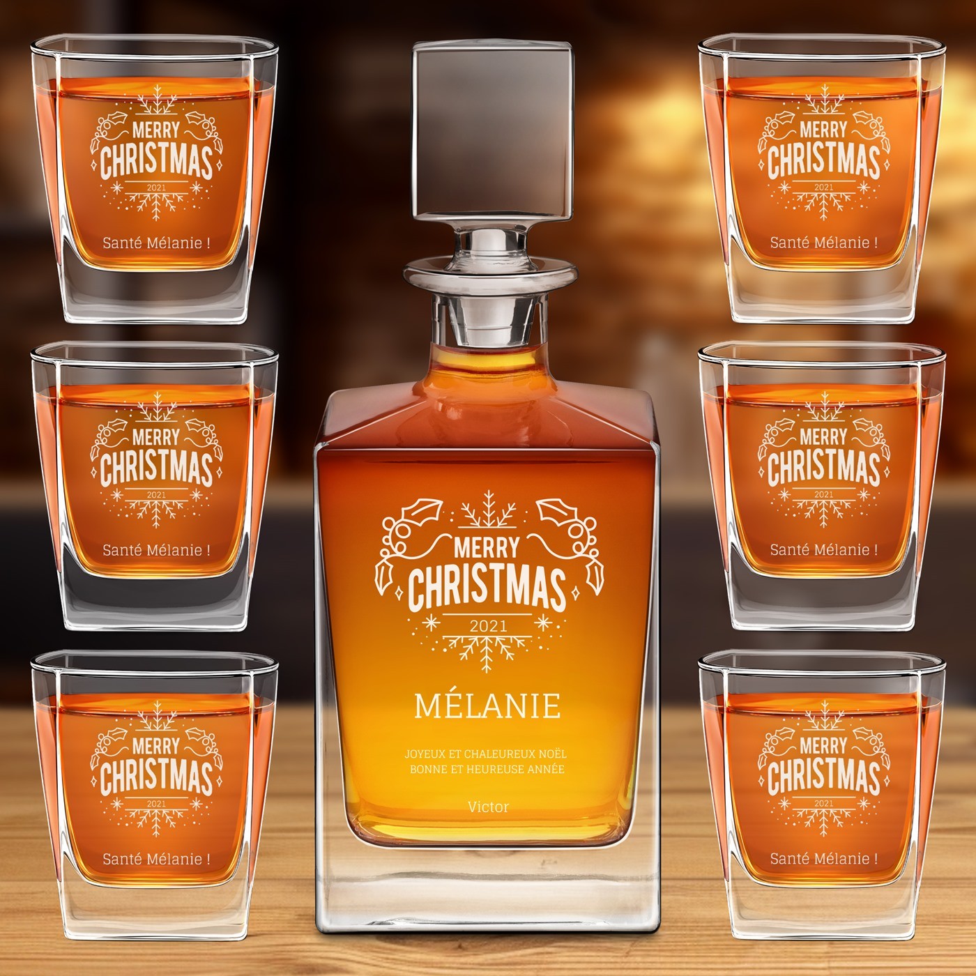 Set de cáfara y 6 vasos de whisky Murrano con grabado láser para ella