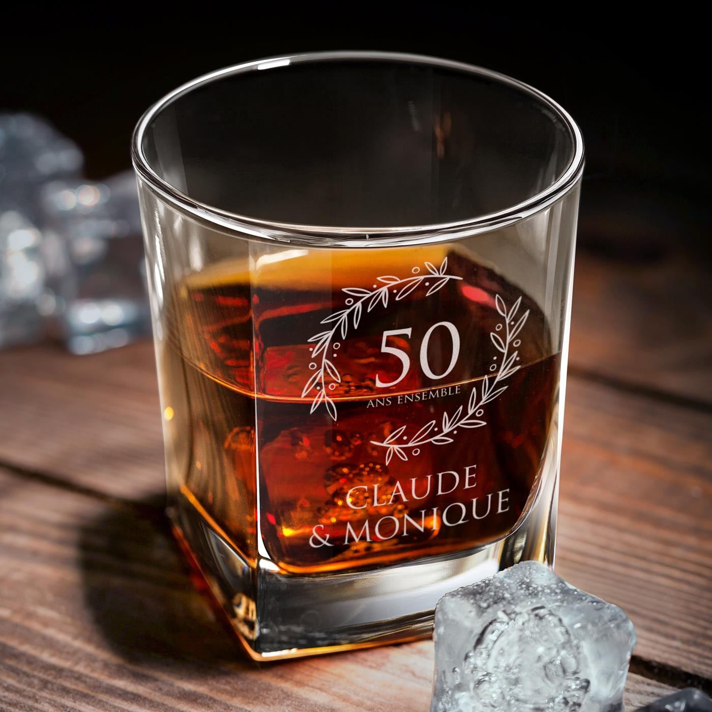 Carafe cube Murrano et 4 verres à whisky avec gravure pour un couple pour leur 50e anniversaire de mariage