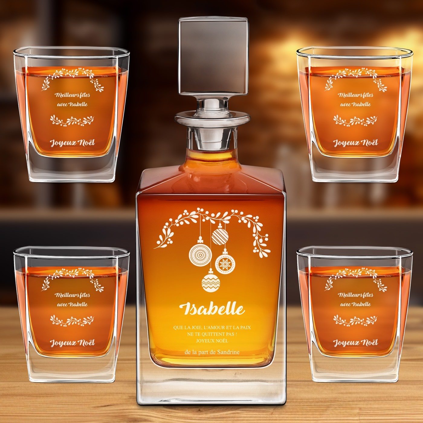 Carafe Cube Murrano et 4 Verres à Whisky avec Gravure pour Elle