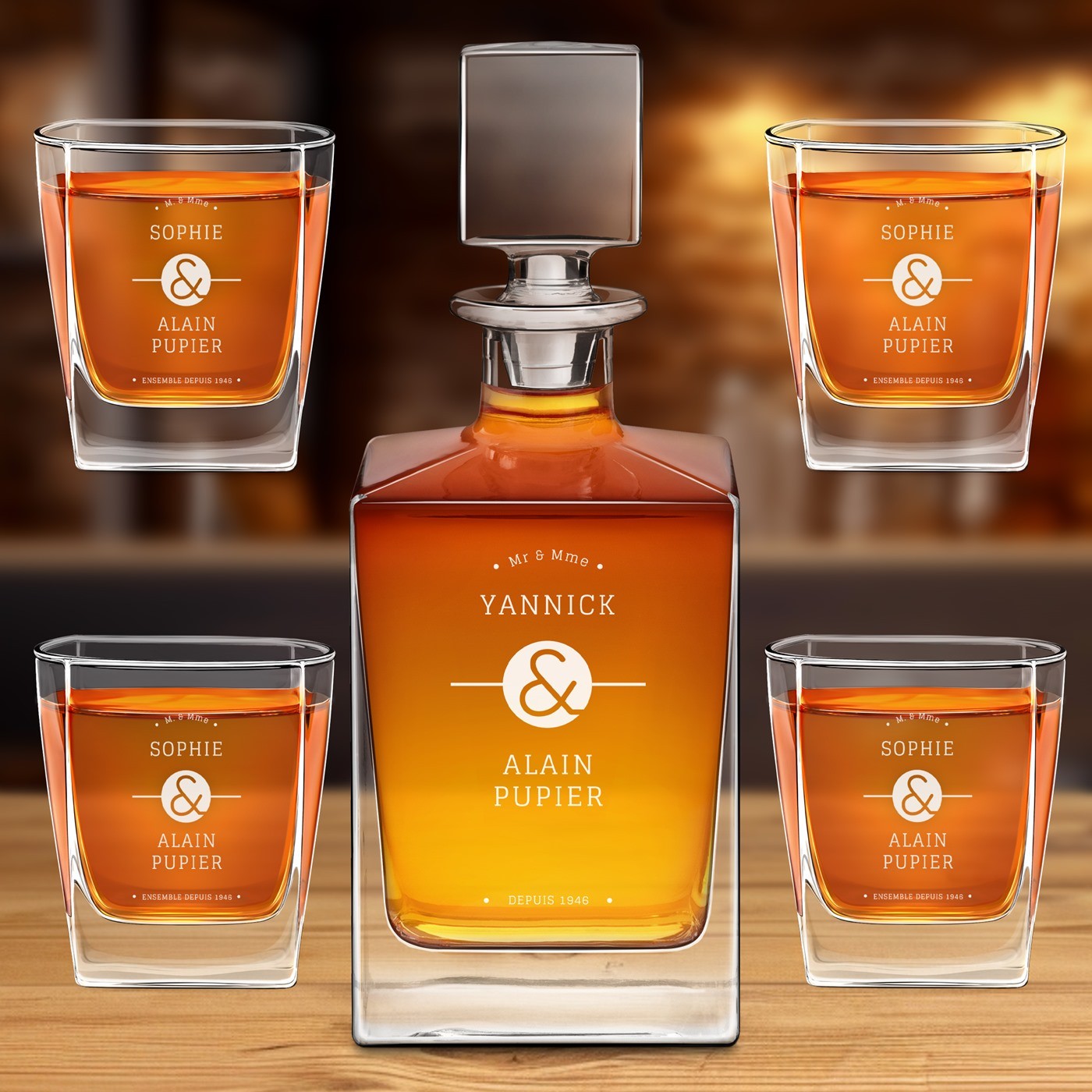 Carafe cube Murrano et 4 verres à whisky avec gravure laser pour un cadeau d'anniversaire de mariage