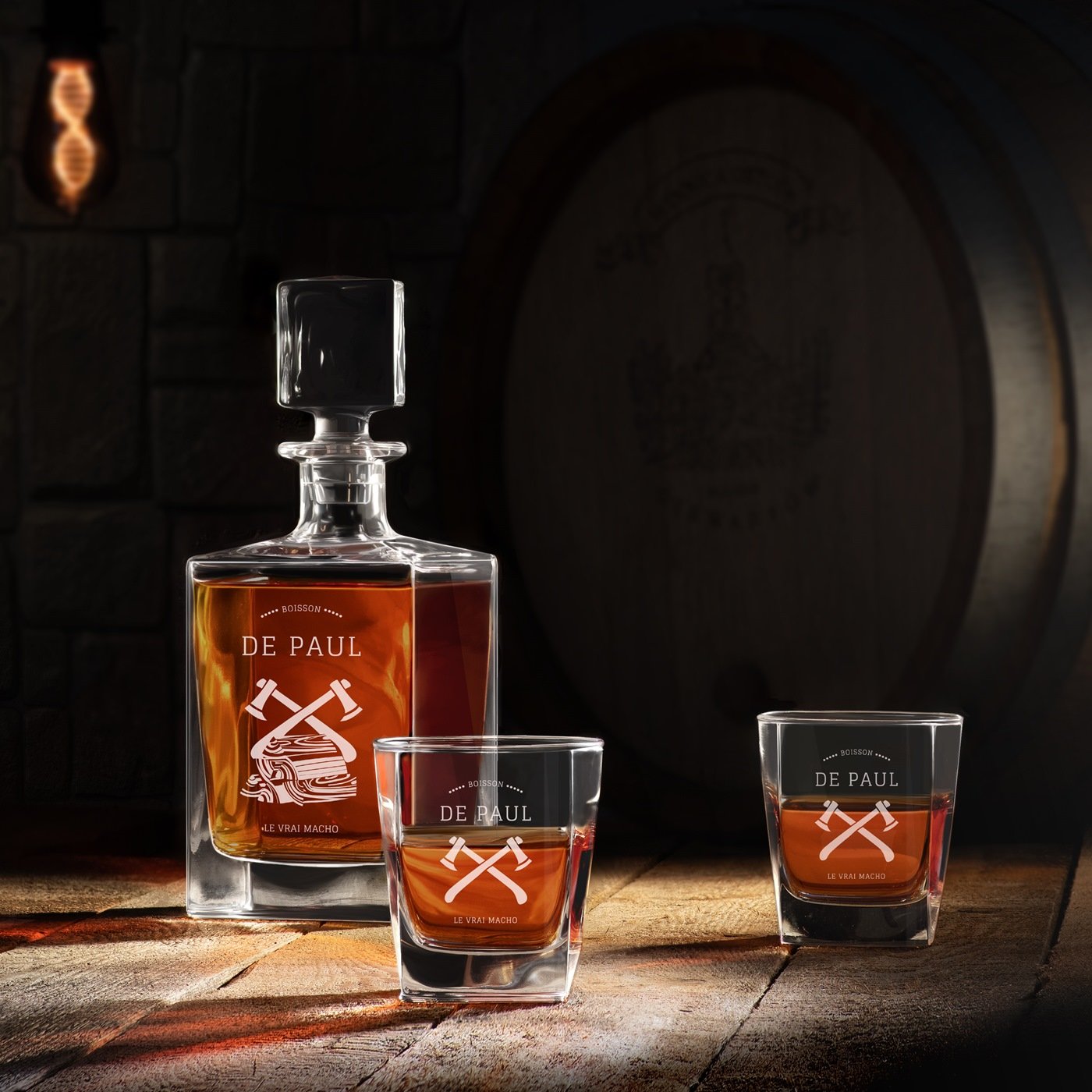 Set de Licorera Cubo Murrano y 4 Vasos para Whisky Grabados para un Leñador