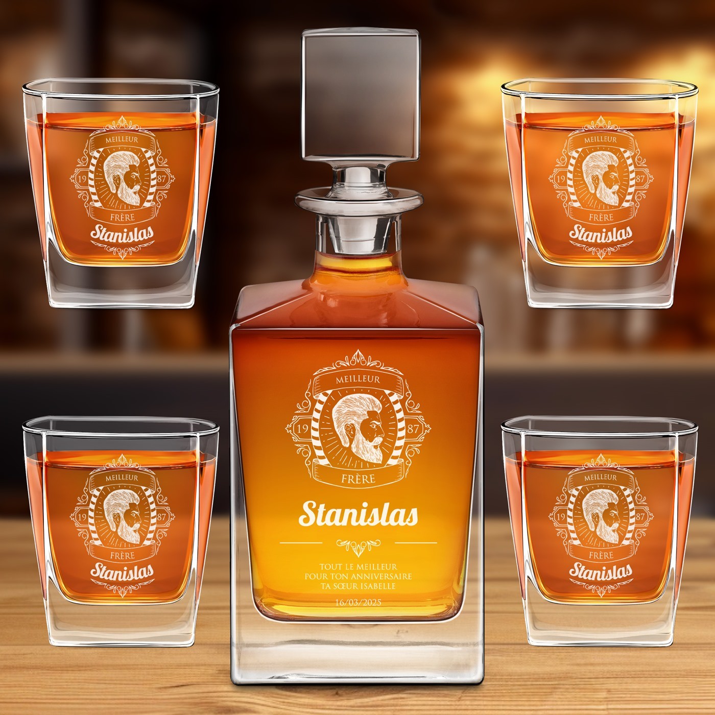 Set de Decantador Cuadrado Murrano y 4 Vasos de Whisky con Grabado