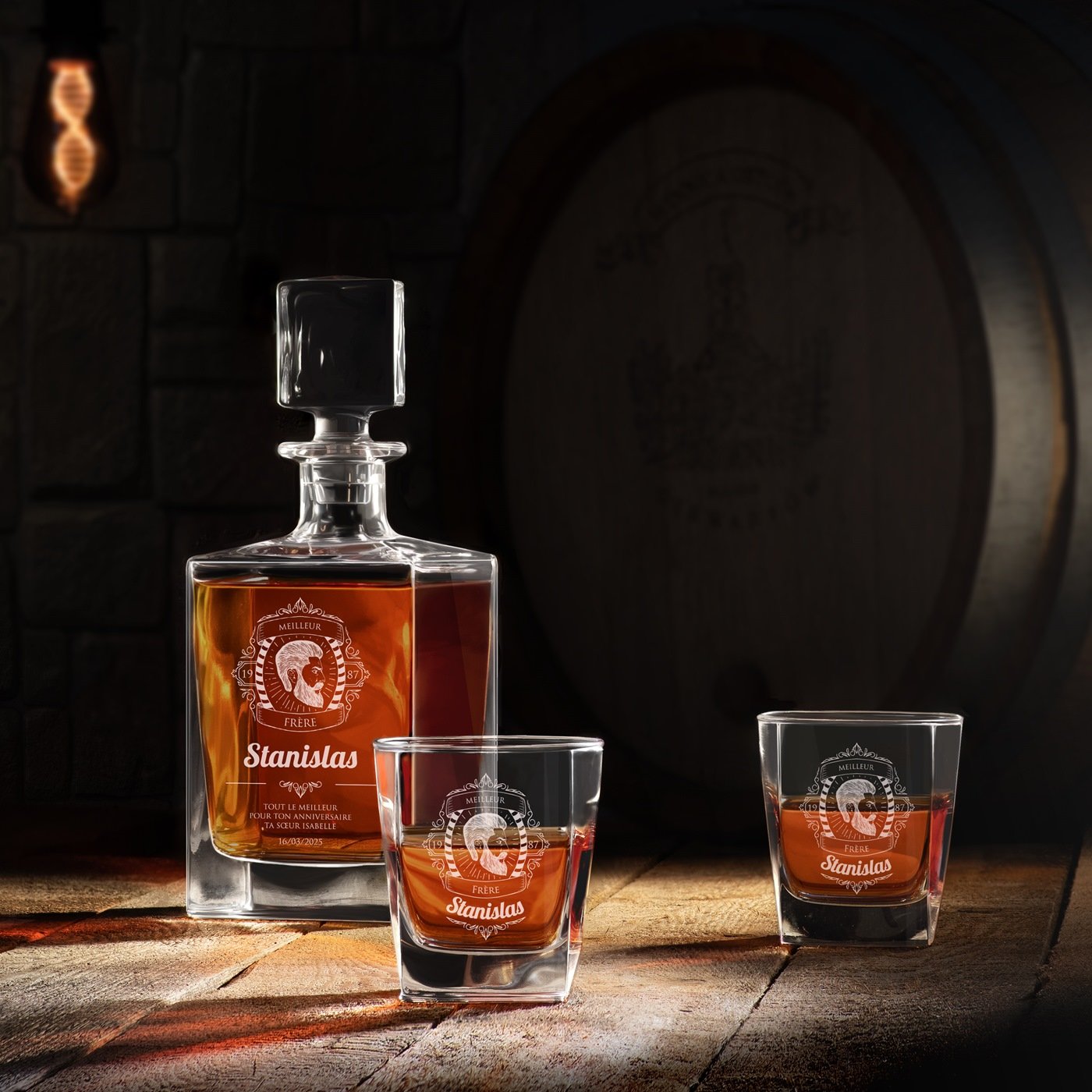Set de Decantador Cuadrado Murrano y 4 Vasos de Whisky con Grabado