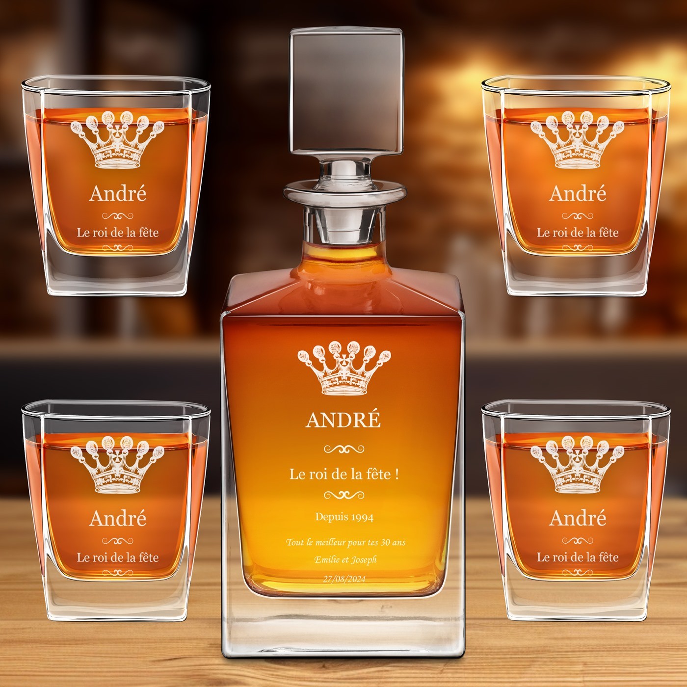 Juego de decantador de whisky en forma de cubo y vasos Murrano con grabado personalizado