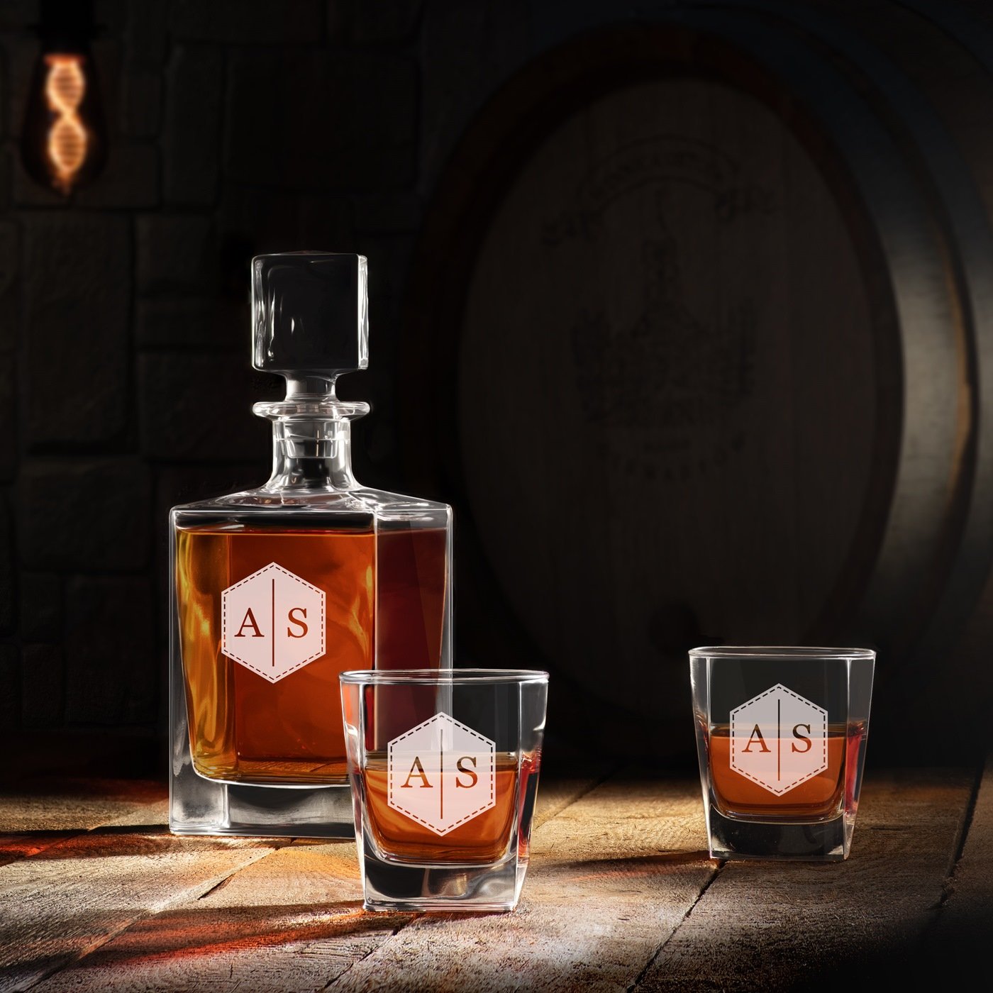 Murrano Cube Decanter and 4 Whisky Glasses with Engraved Initials