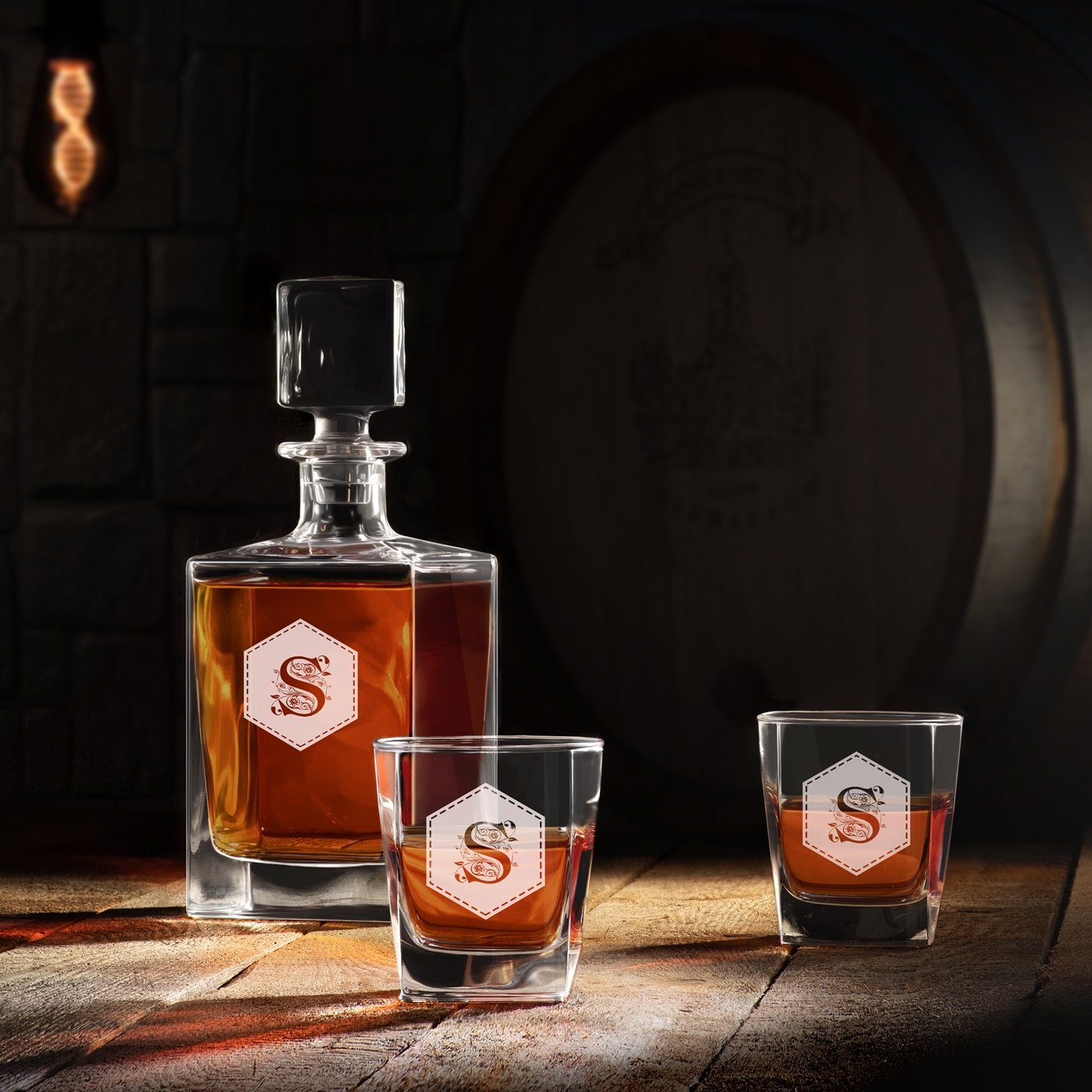 Carafe cube Murrano et 4 verres à whisky avec gravure au laser pour hommes et femmes avec une initiale