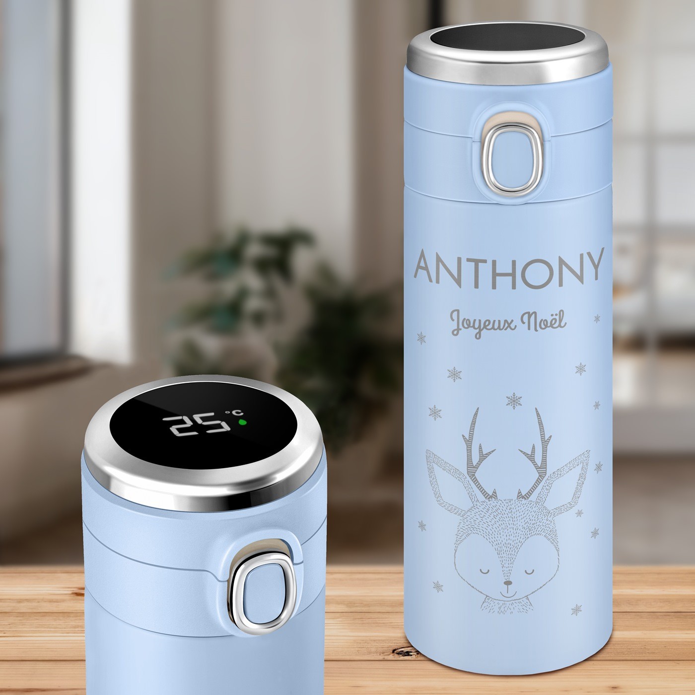 Taza térmica personalizada azul de Murrano con pantalla LED para hombres por Navidad