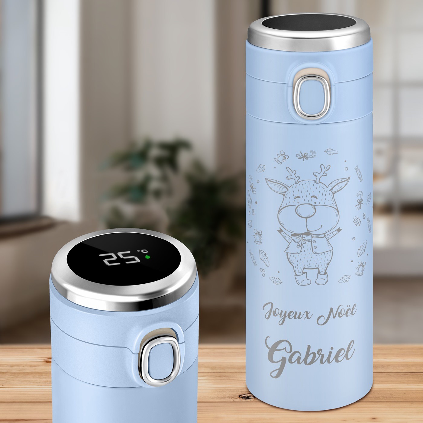 Mug térmico azul Murrano con pantalla LED y grabado personalizado para niños - Regalo de Navidad