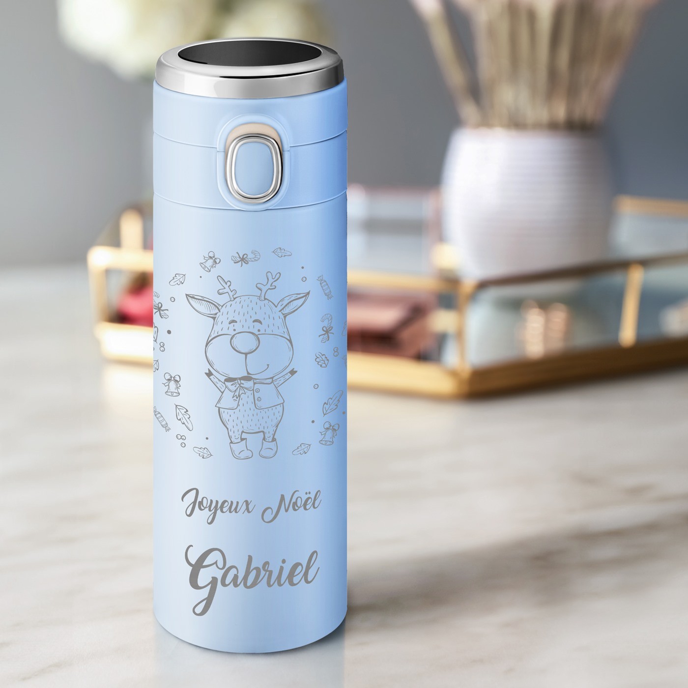 Mug térmico azul Murrano con pantalla LED y grabado personalizado para niños - Regalo de Navidad