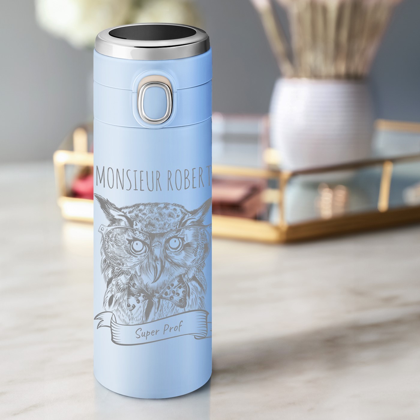 Taza Aislante Azul Personalizada con Pantalla LED para Profesor