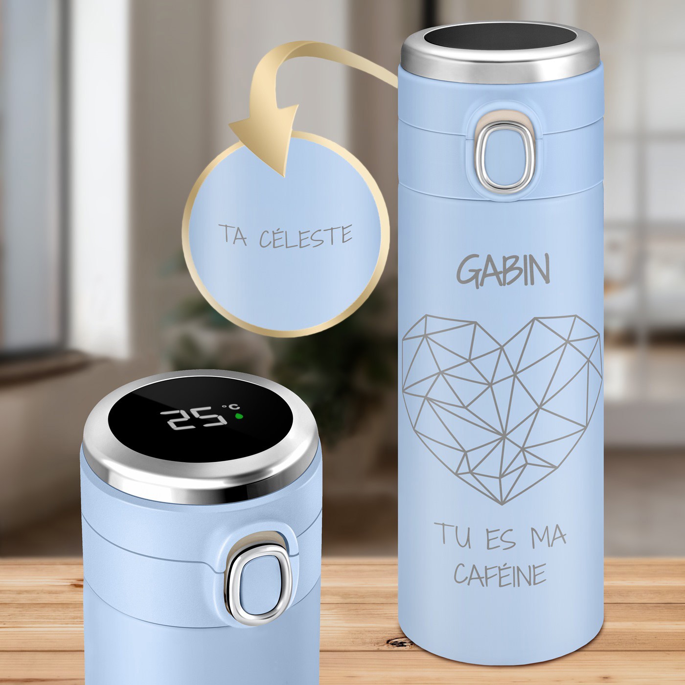 Mug de viaje personalizado Murrano con pantalla LED para un amante del Día de San Valentín