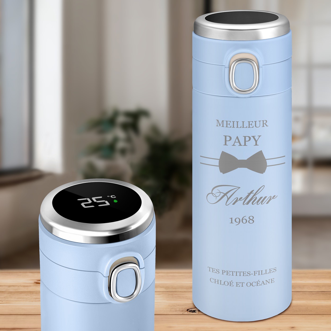 Mug térmico azul personalizado Murrano con pantalla LED para el cumpleaños de abuelo
