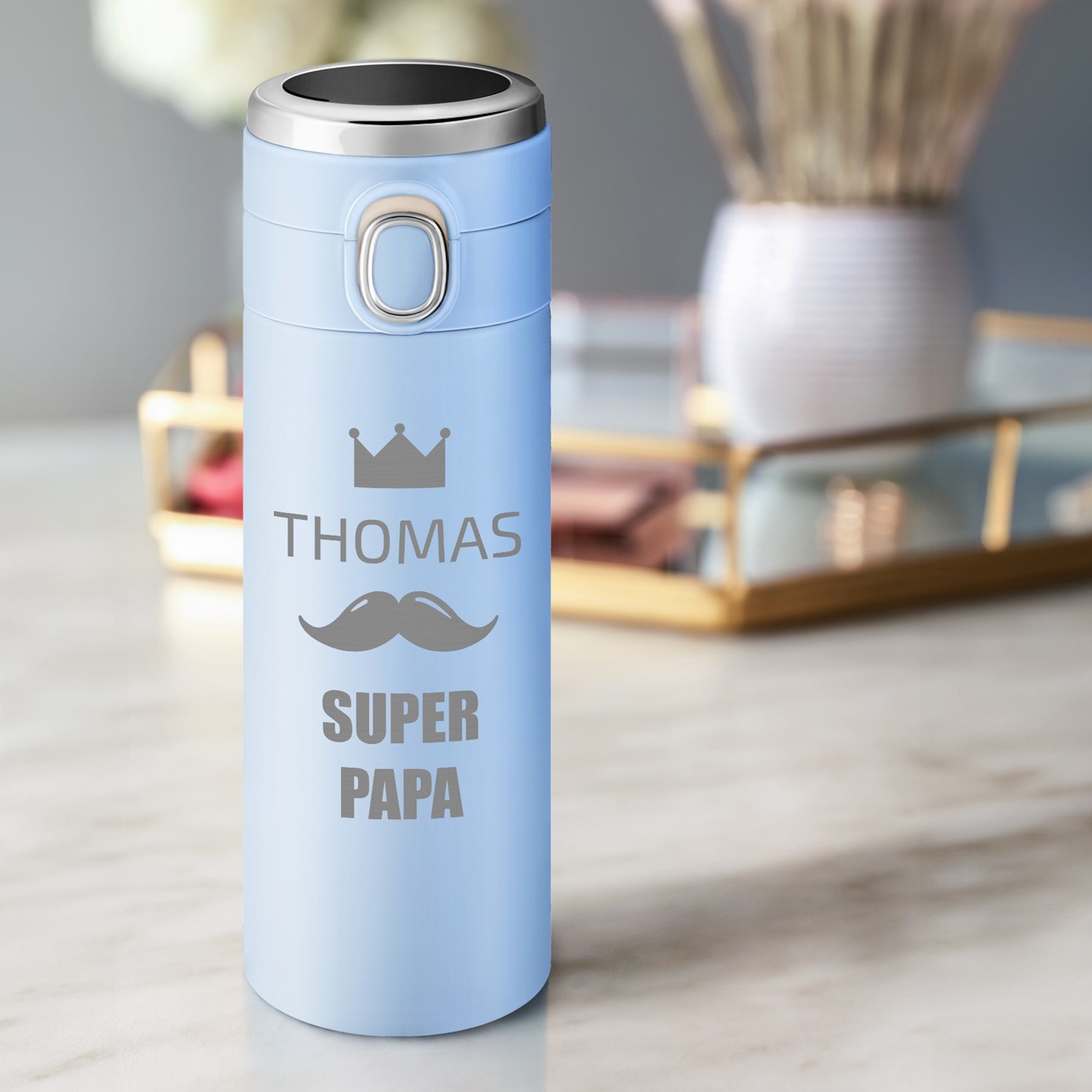 Taza térmica personalizada azul con pantalla LED para el Día del Padre
