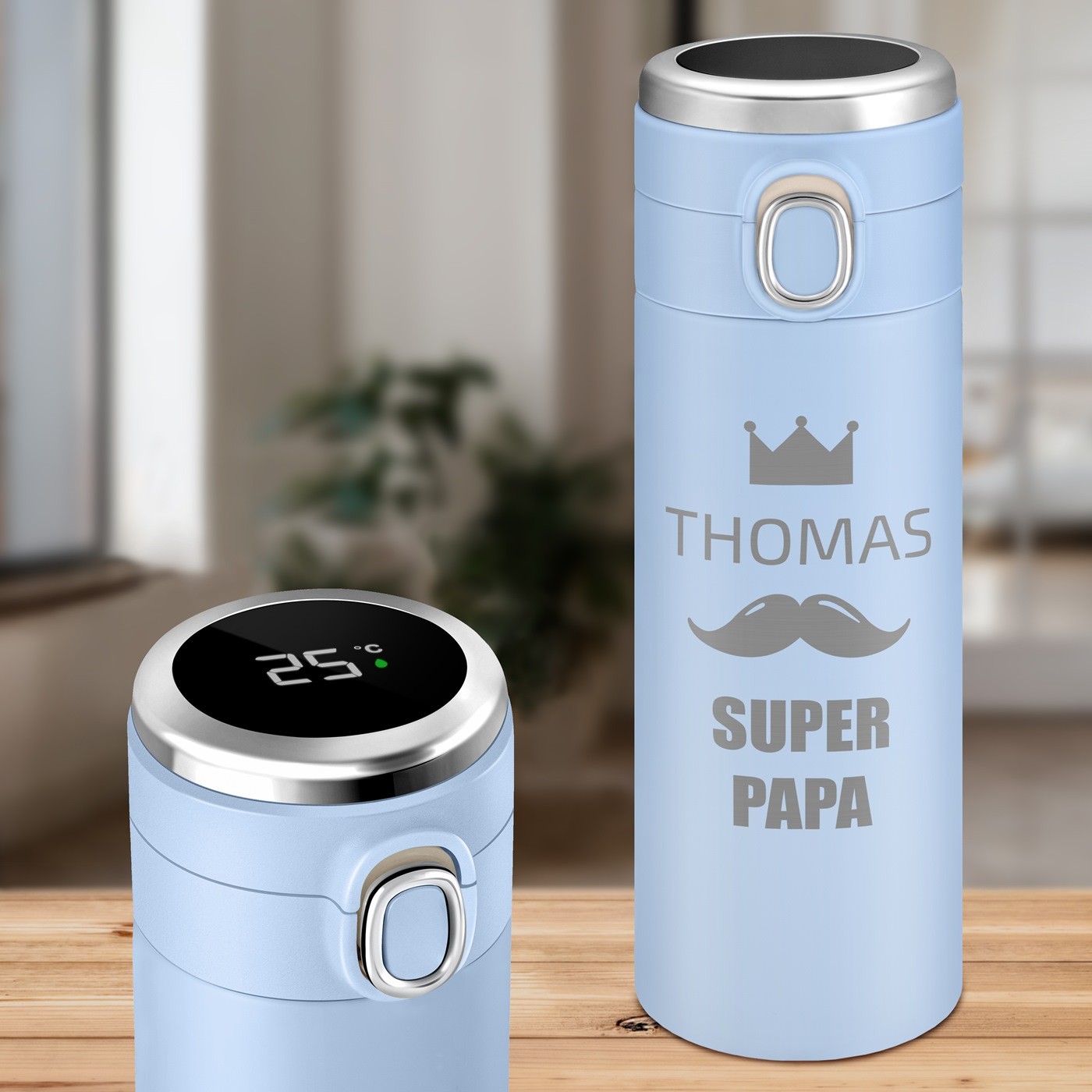 Taza térmica personalizada azul con pantalla LED para el Día del Padre