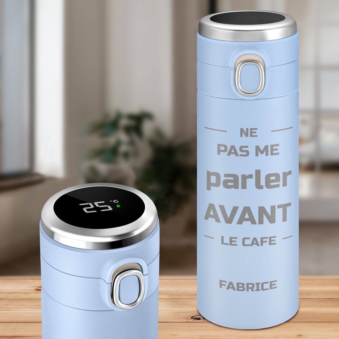 Taza térmica Murrano azul con pantalla LED y grabado personalizado