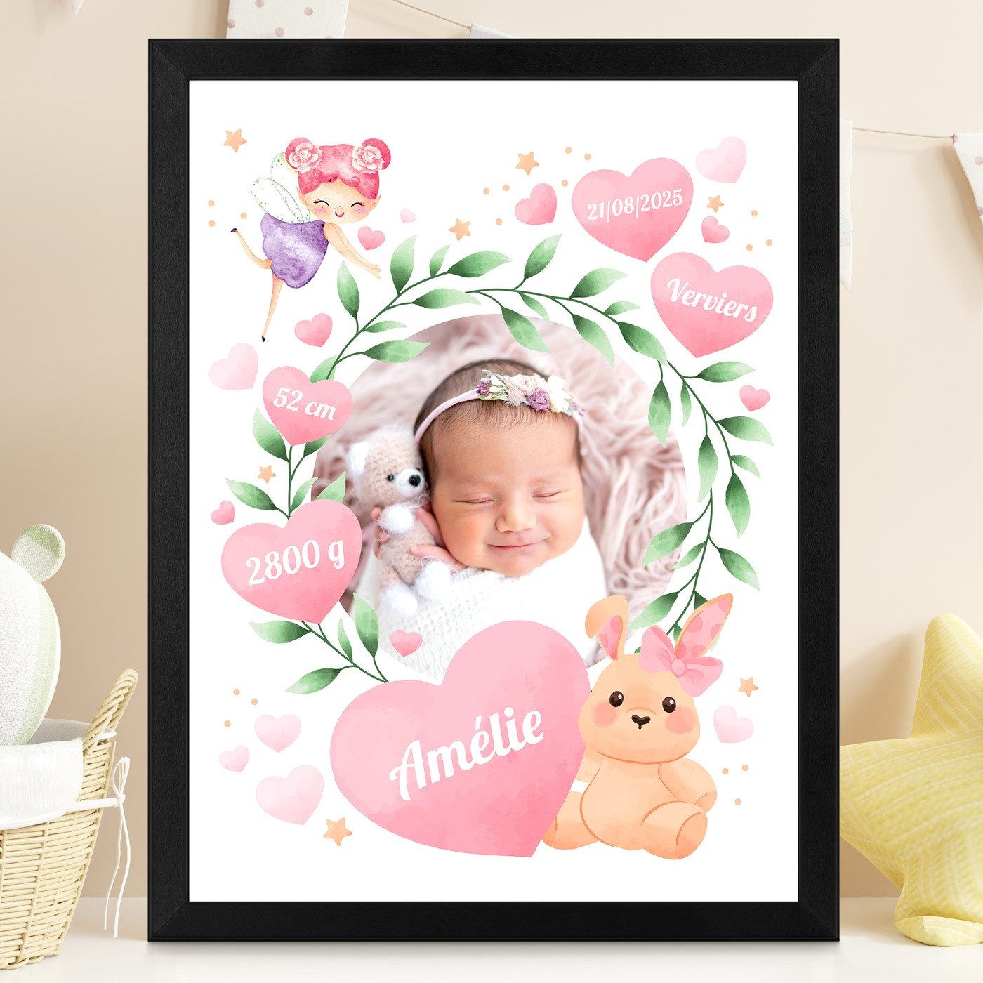 Affiche encadrée personnalisée pour la naissance d'une petite fille par Murrano