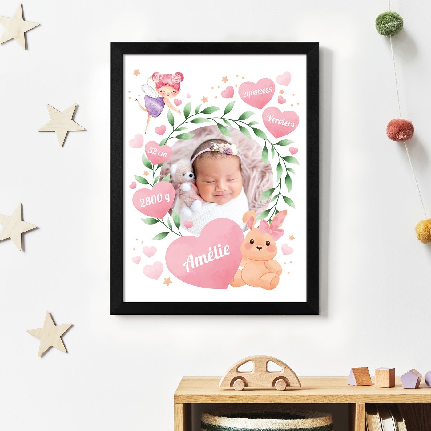 Affiche encadrée personnalisée pour la naissance d'une petite fille par Murrano