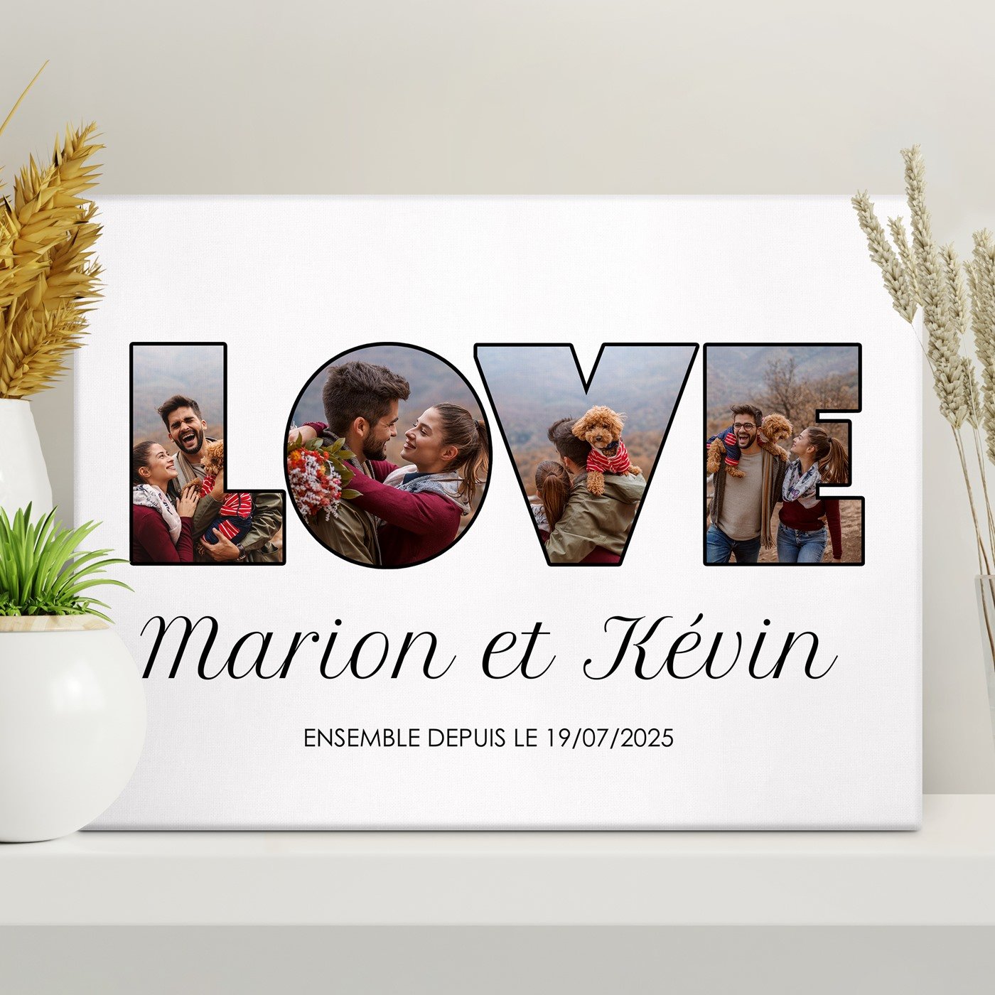 Collage photo personnalisé pour couple AMOUR sur toile