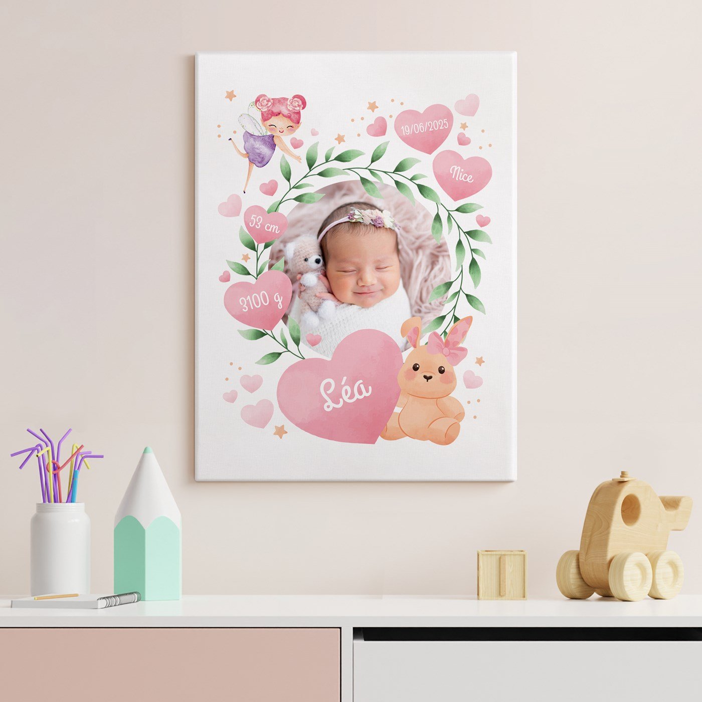 Lien personalizado de Murrano con foto para el nacimiento de una niña