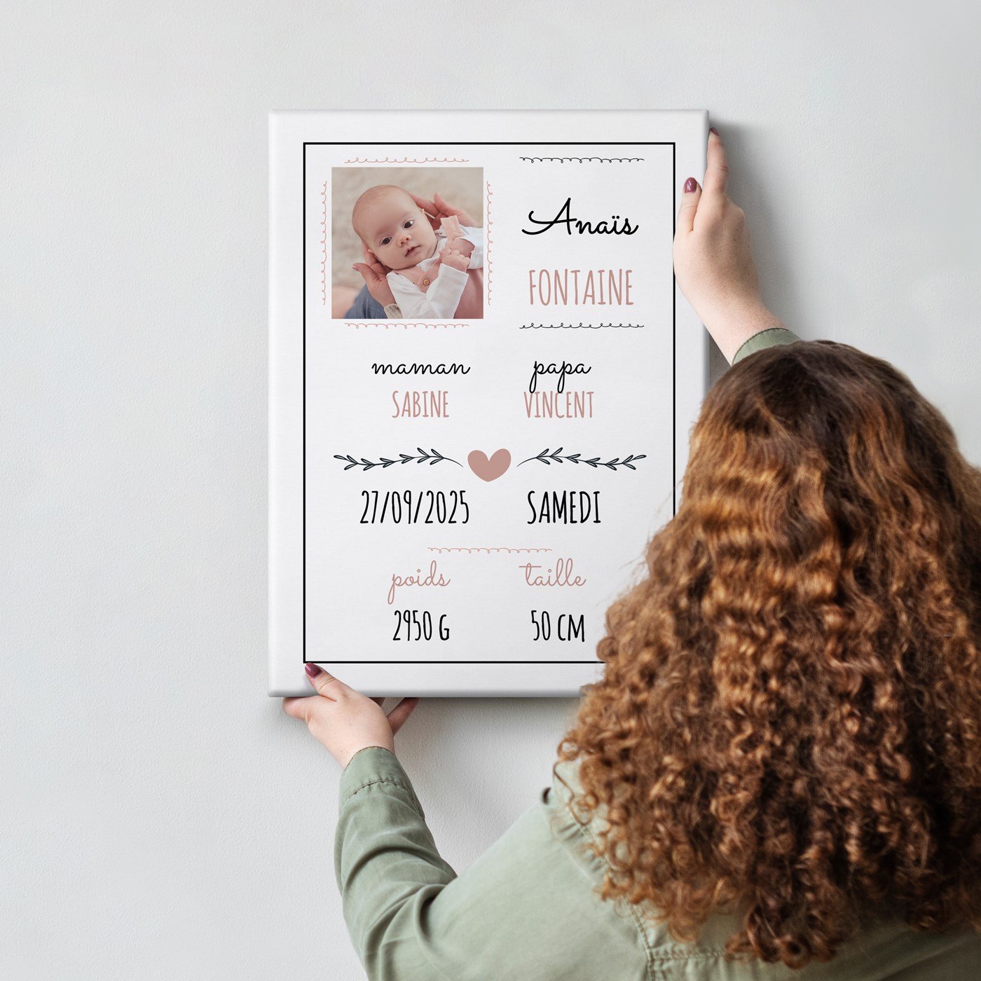 Lona personalizada Murrano con foto para el nacimiento de una niña pequeña
