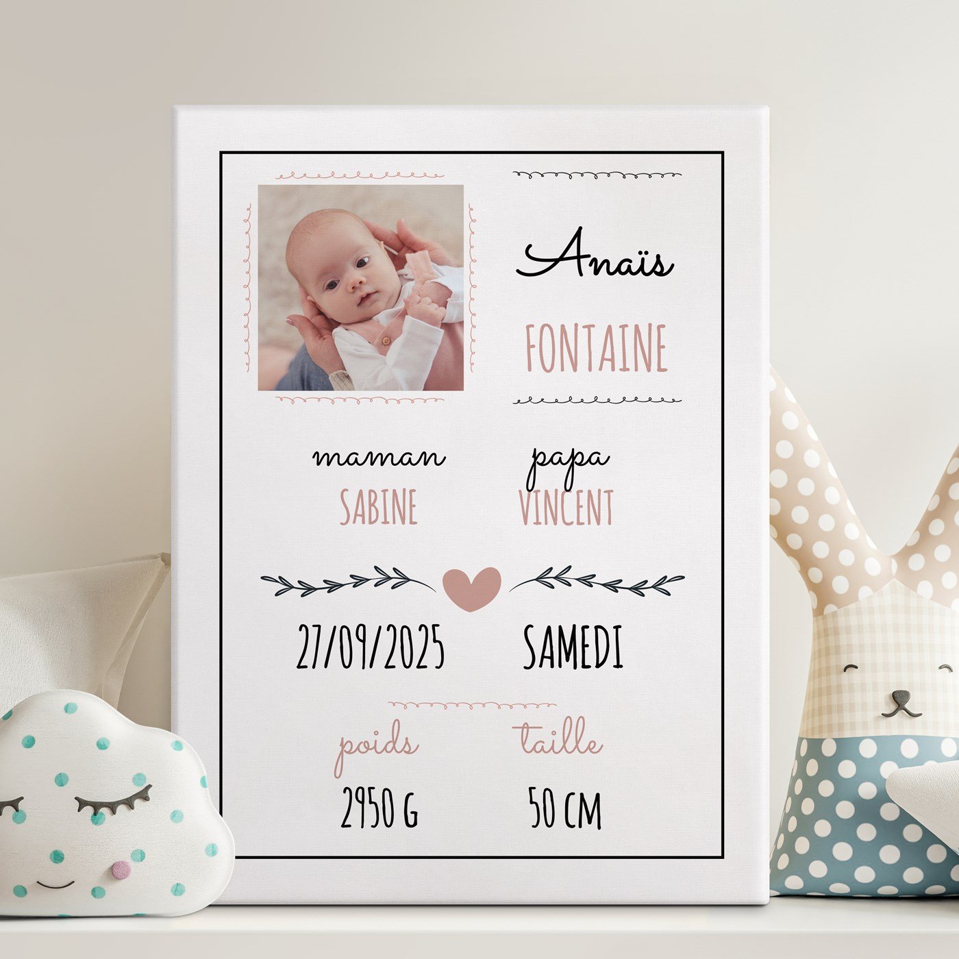 Lona personalizada Murrano con foto para el nacimiento de una niña pequeña