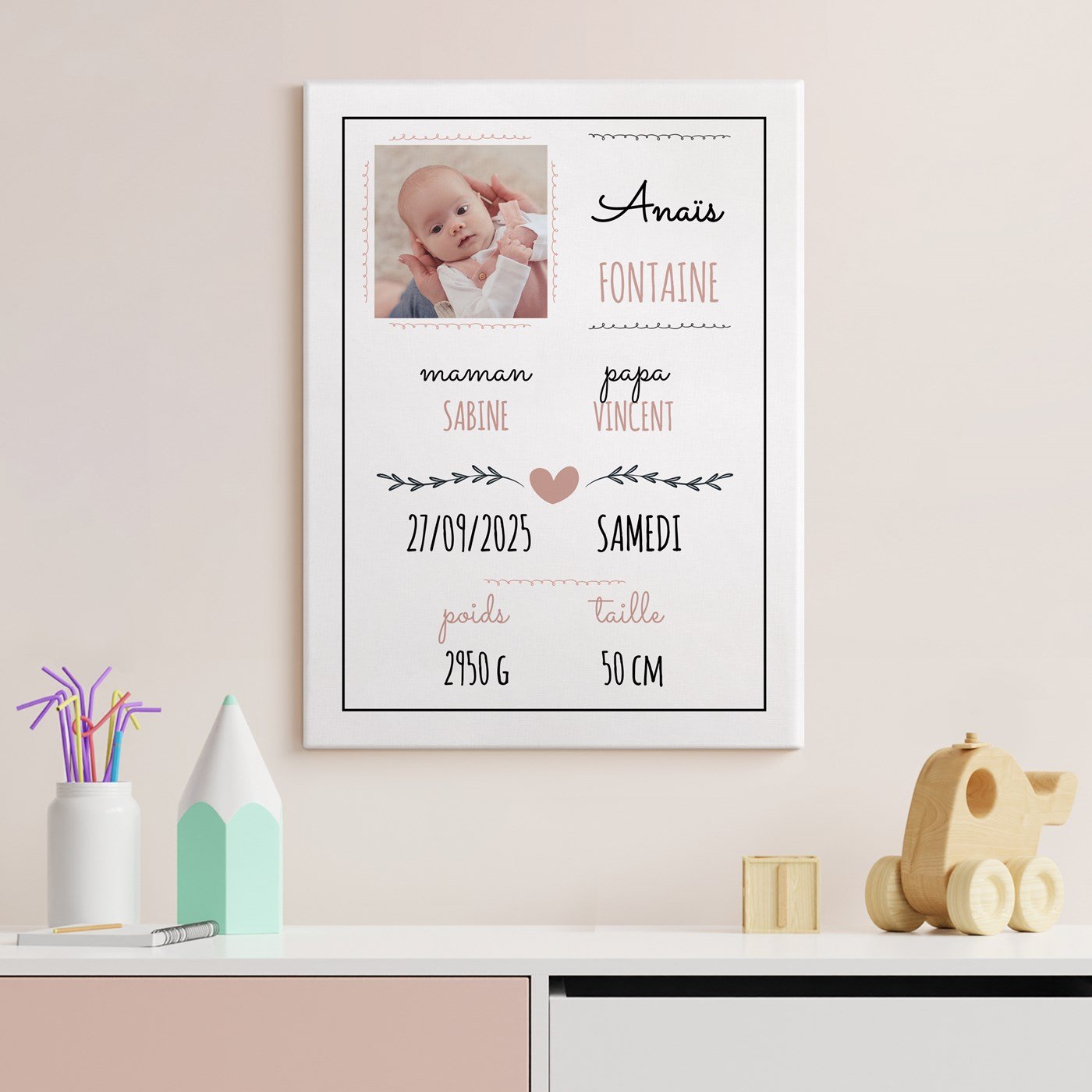 Lona personalizada Murrano con foto para el nacimiento de una niña pequeña