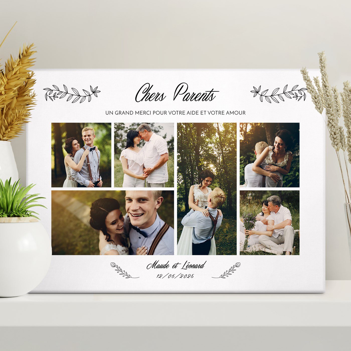 Collage photo personnalisé sur toile pour remerciement mariage parents