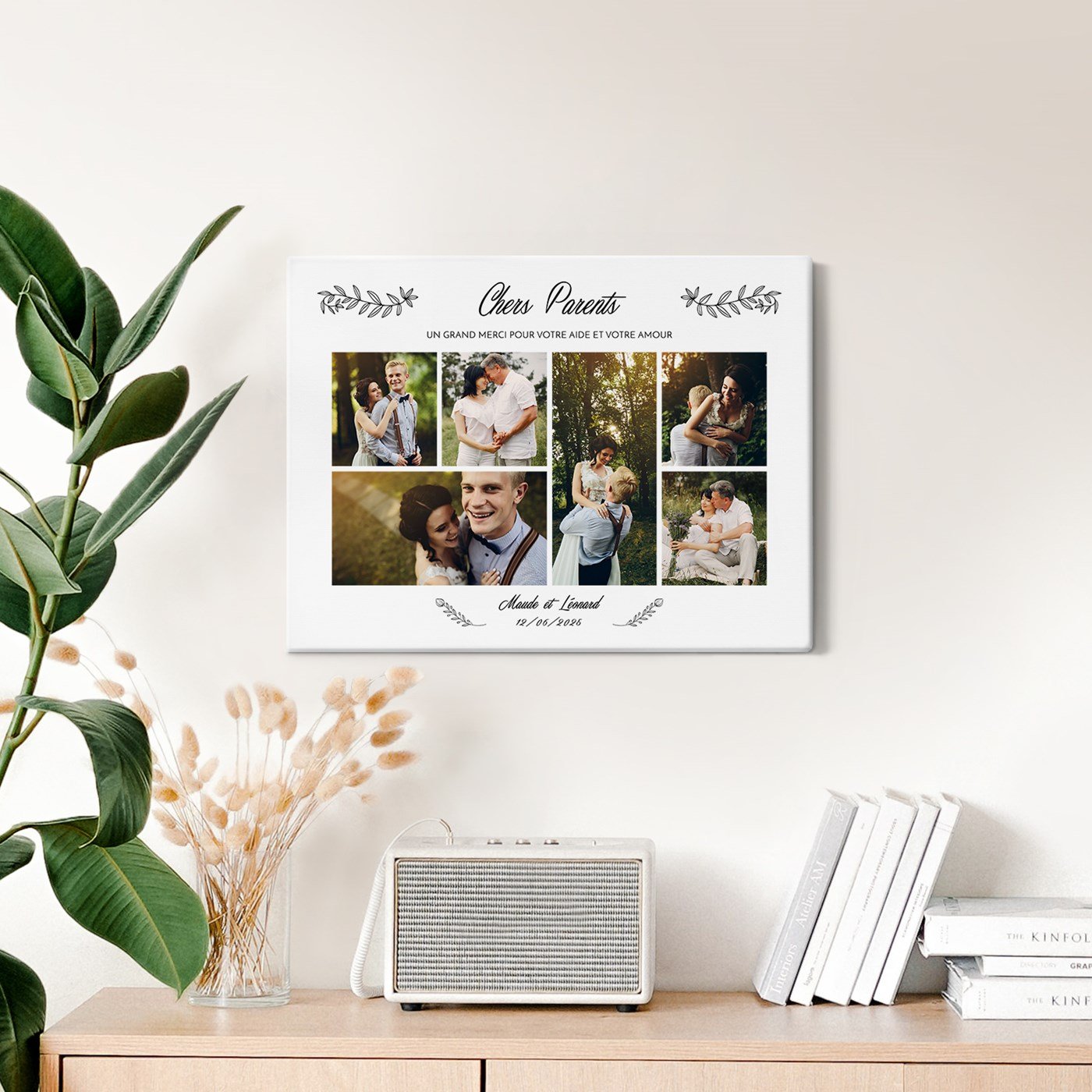 Collage photo personnalisé sur toile pour remerciement mariage parents