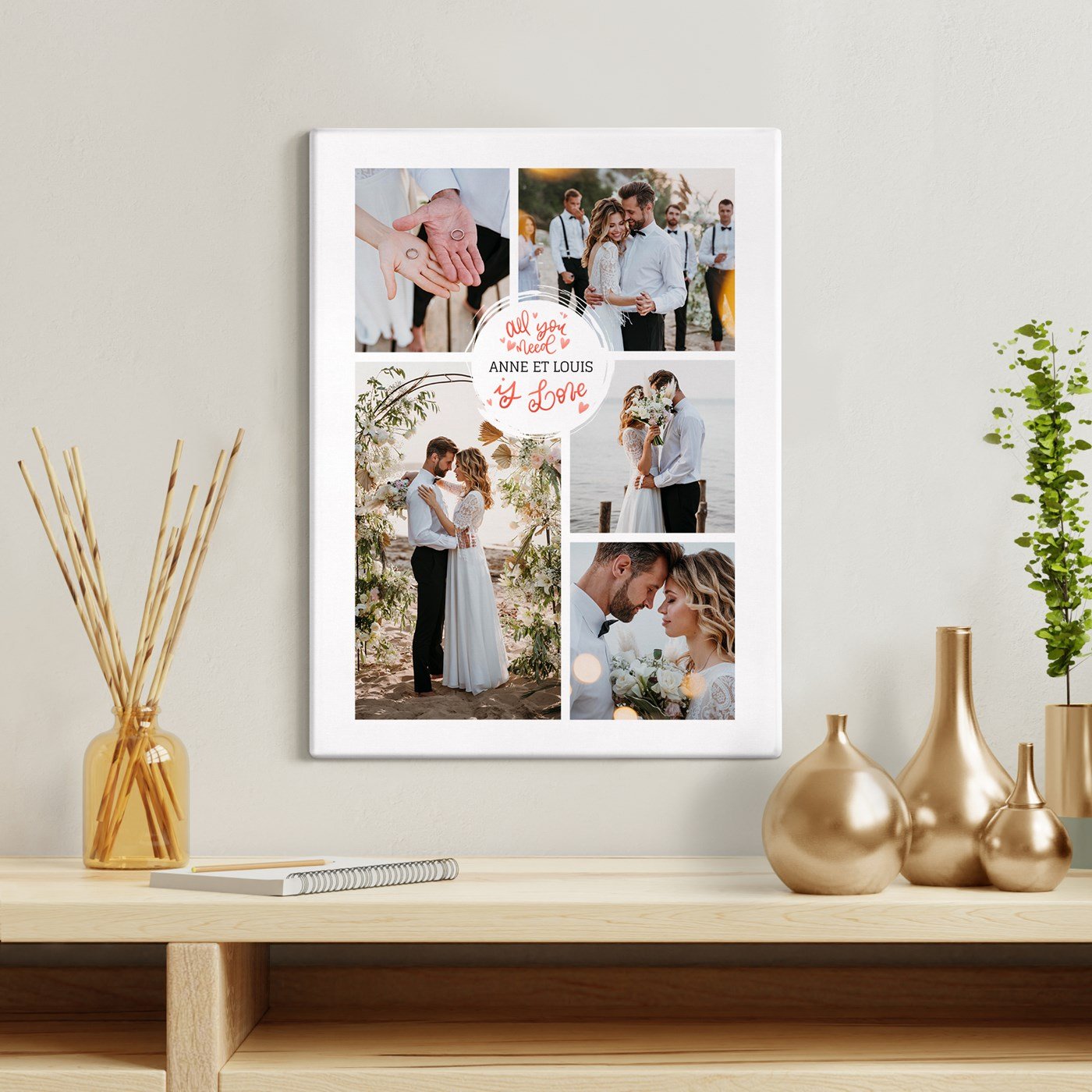 Collage photo personnalisé pour couple de mariage sur toile