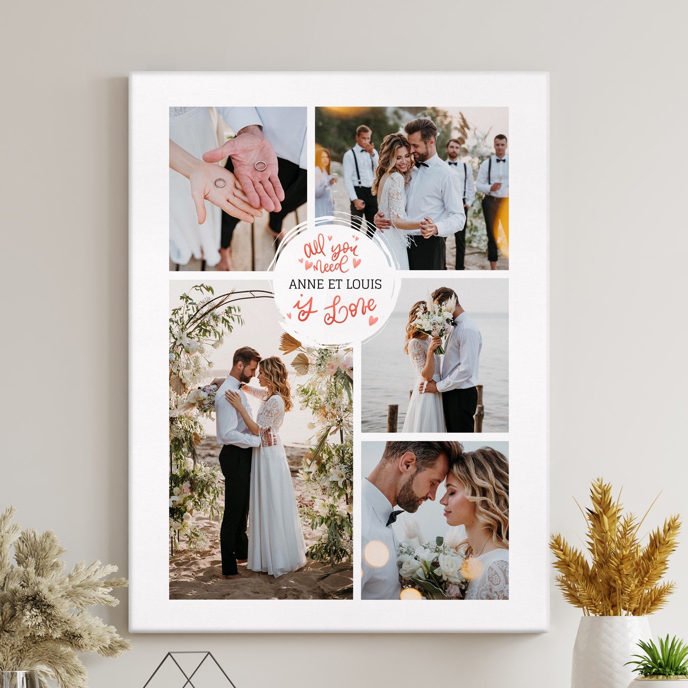 Collage photo personnalisé pour couple de mariage sur toile