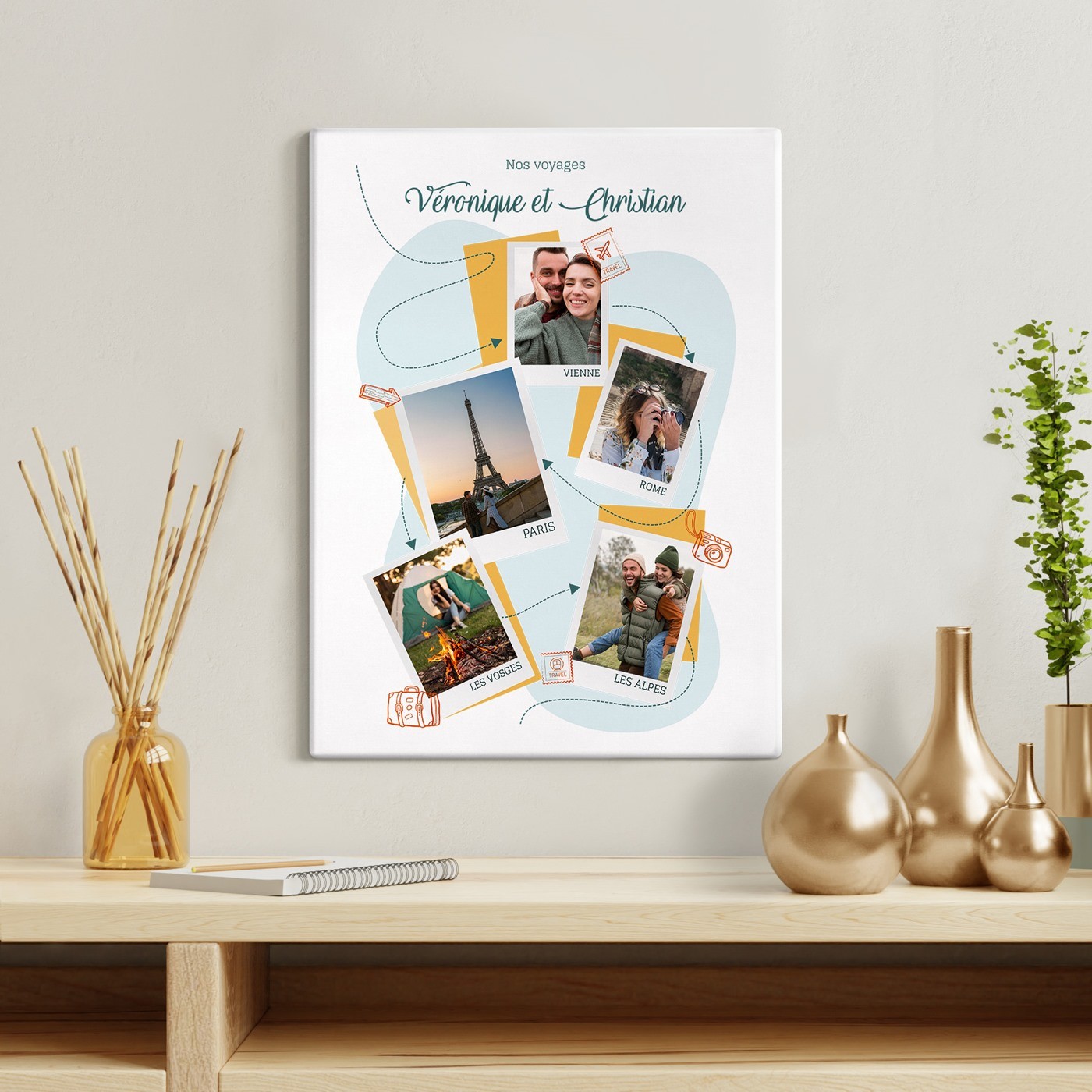 Toile personnalisée pour collage photo pour couple de voyageurs