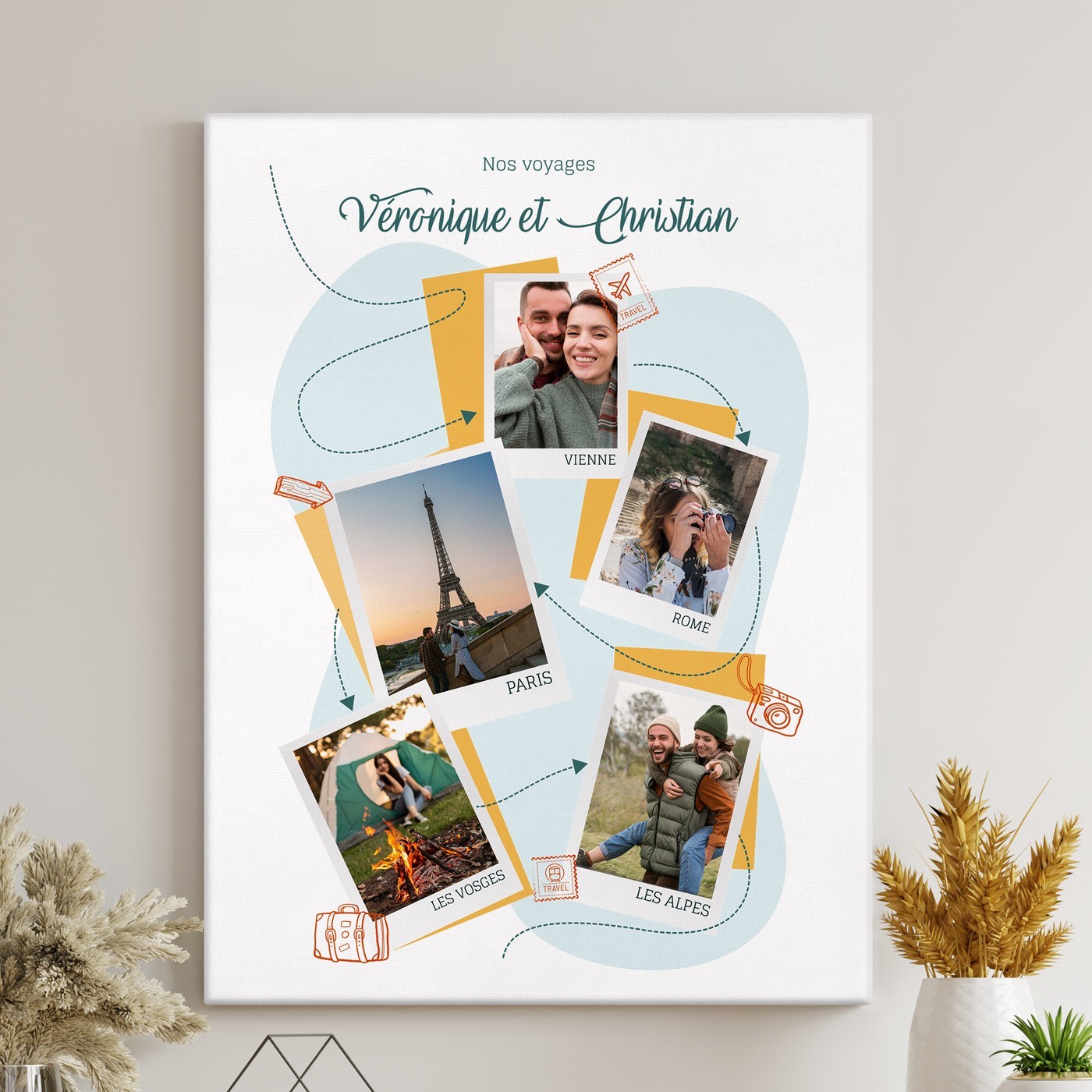 Toile personnalisée pour collage photo pour couple de voyageurs
