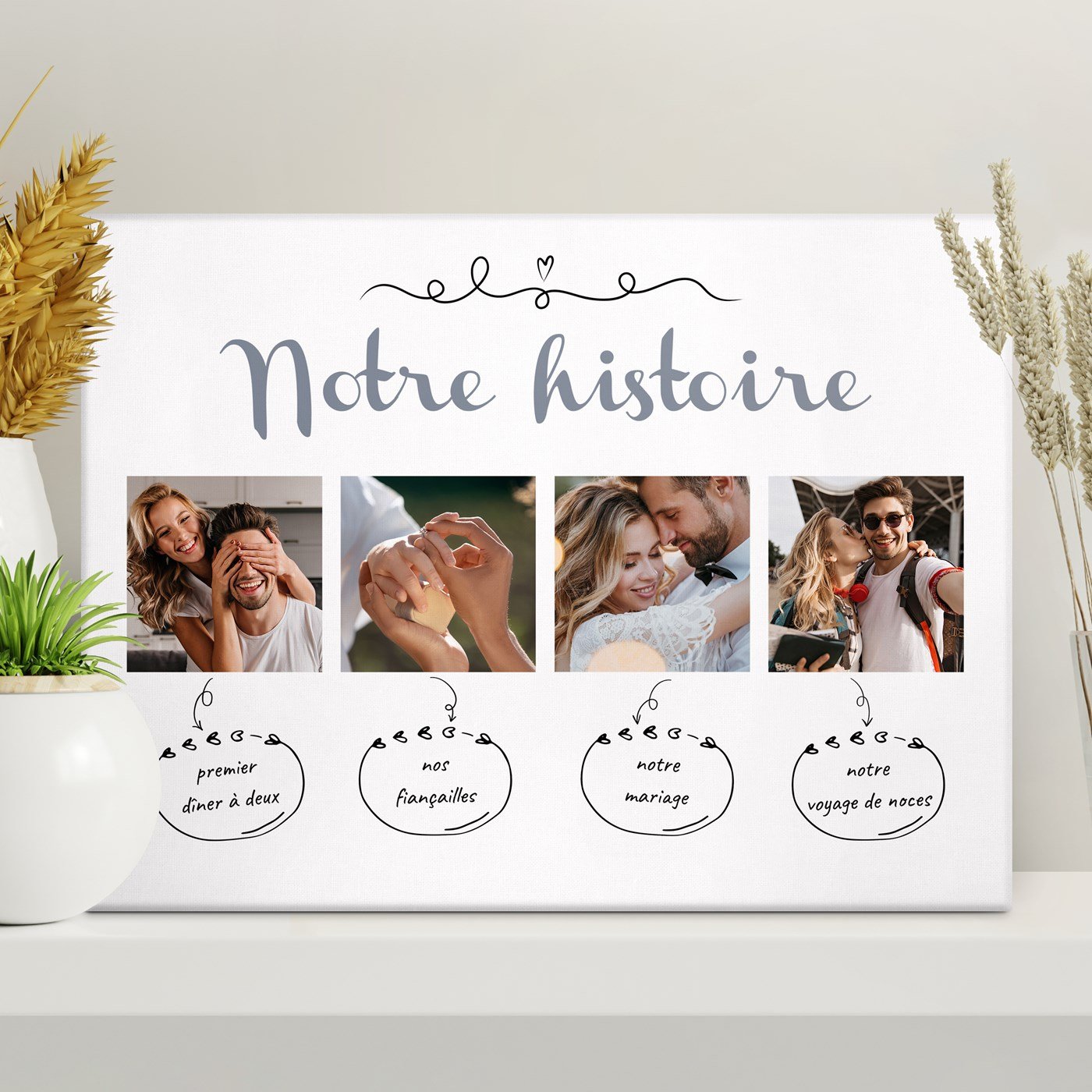 Collage fotográfico personalizado historia de amor sobre lienzo de Murrano