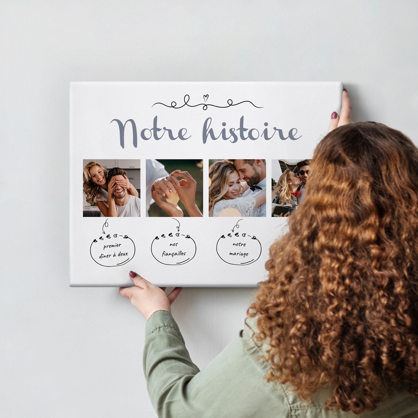 Collage fotográfico personalizado historia de amor sobre lienzo de Murrano