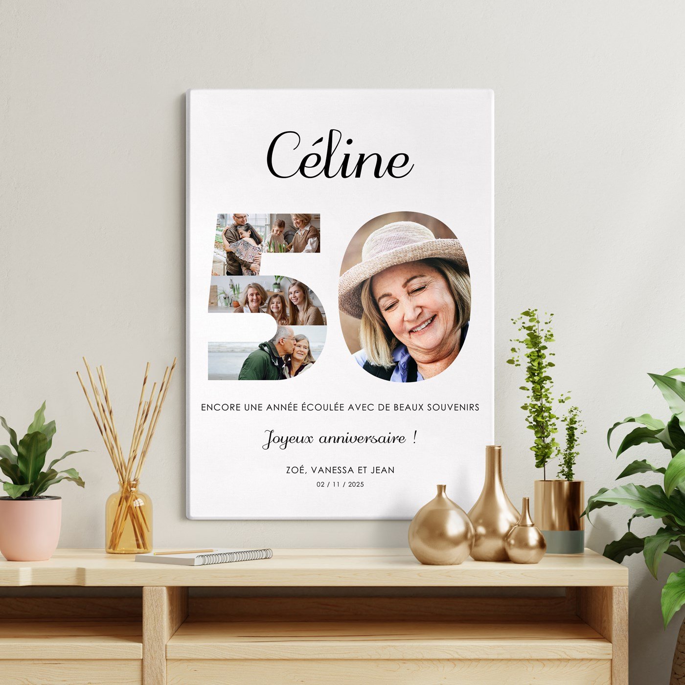 Collage photo personnalisé sur toile 50x70cm pour femme 50 ans