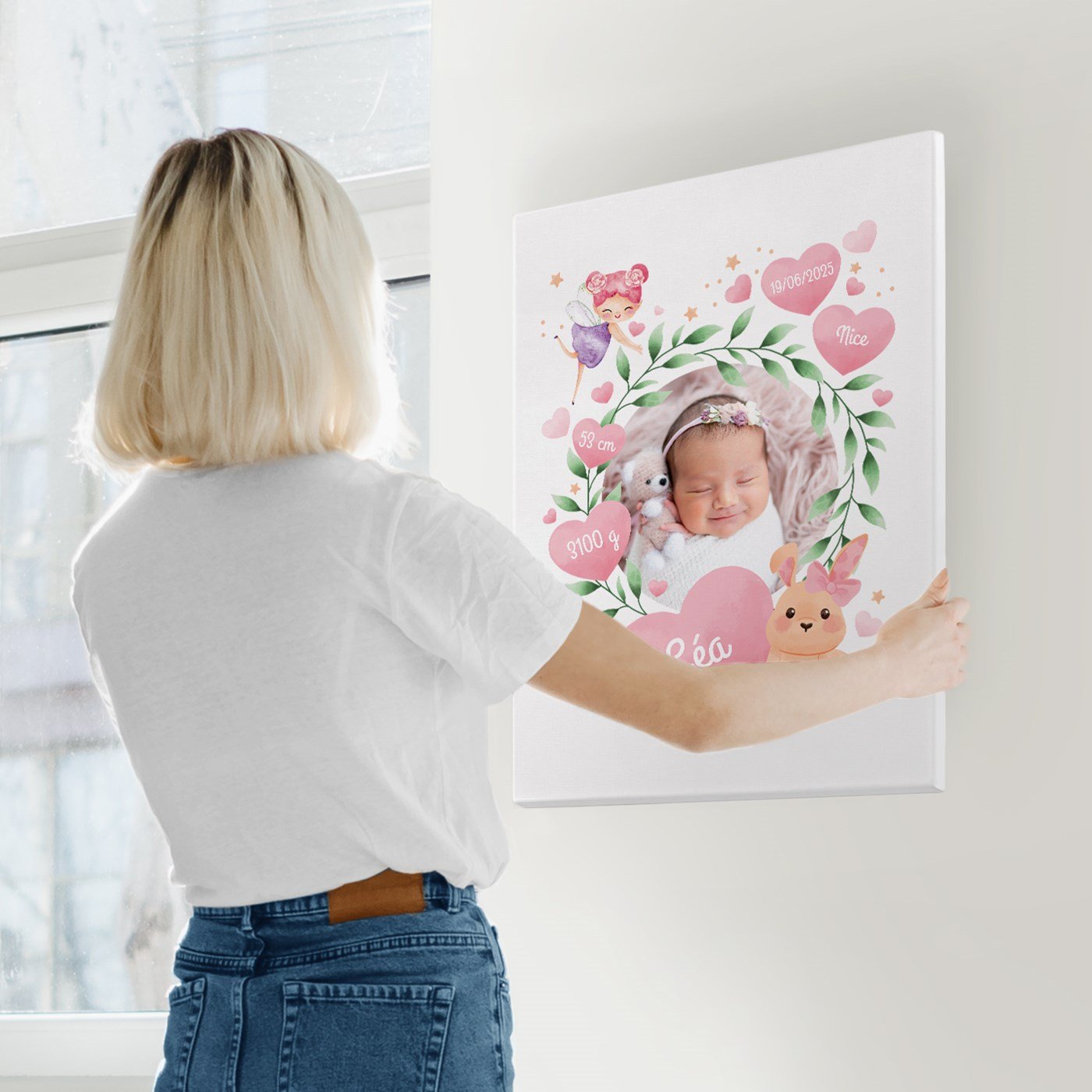 Lien de foto personalizado Murrano 50x70cm para el nacimiento de una niña