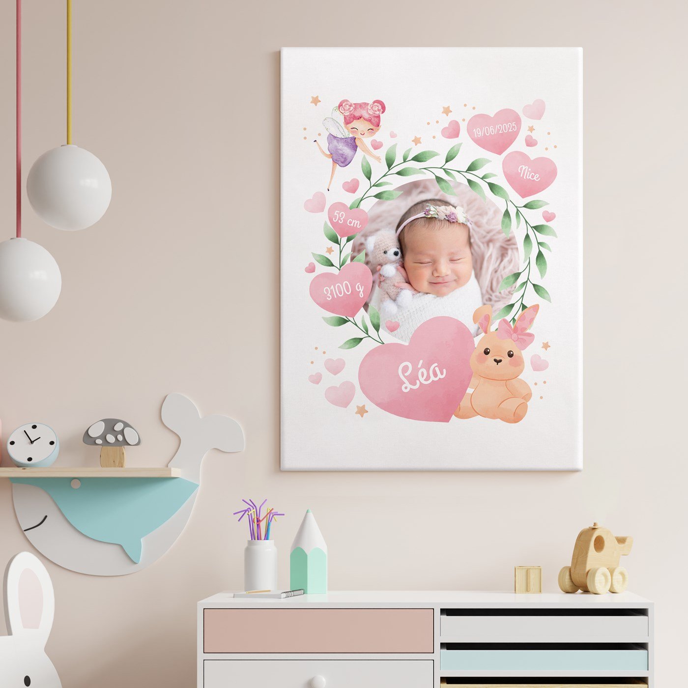 Lien de foto personalizado Murrano 50x70cm para el nacimiento de una niña