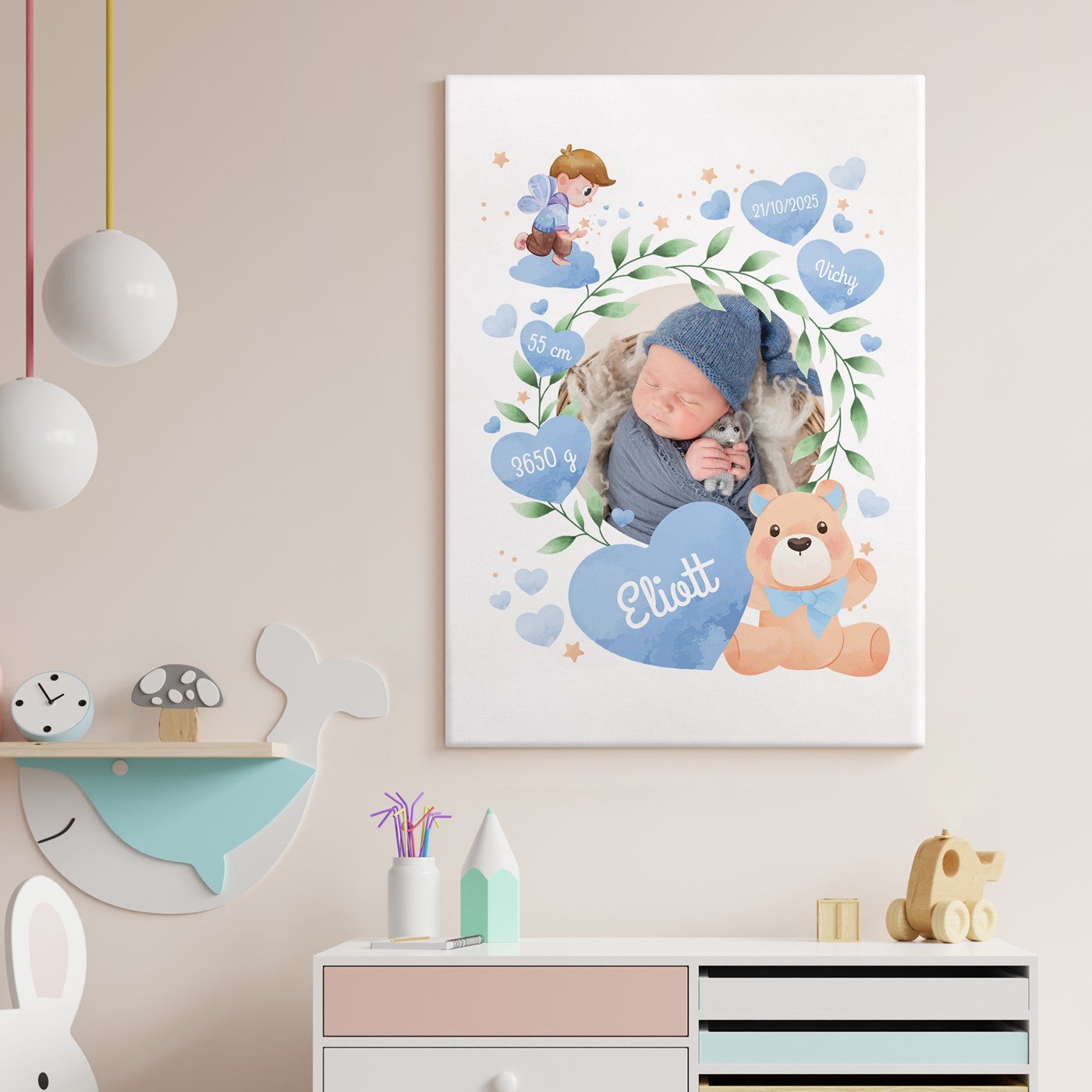 Collage photo sur toile personnalisé - 50x70cm pour la naissance d'un garçon