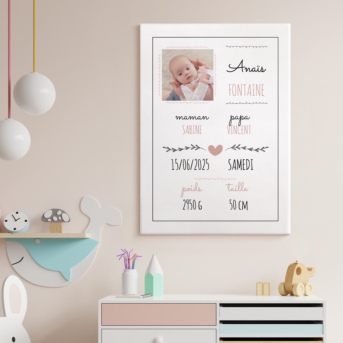 Collage de fotos personalizado en lienzo 50x70 cm para el nacimiento de una niña