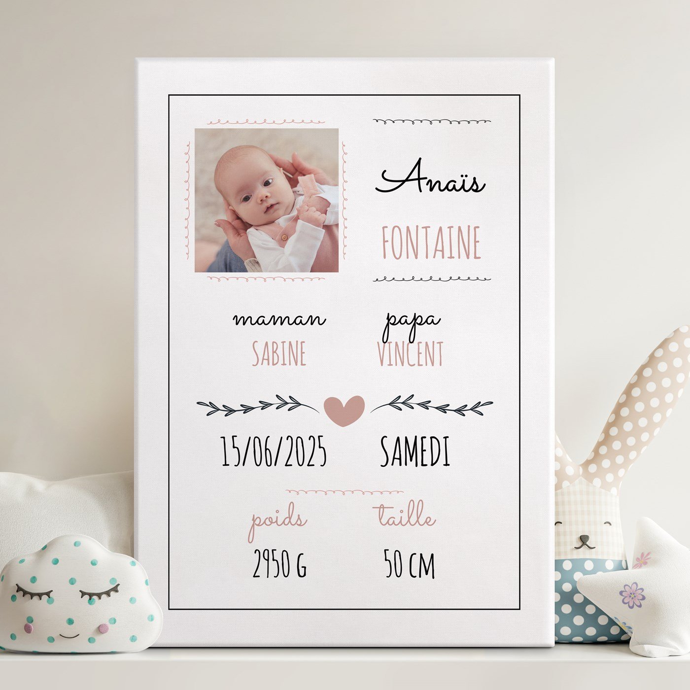 Collage de fotos personalizado en lienzo 50x70 cm para el nacimiento de una niña