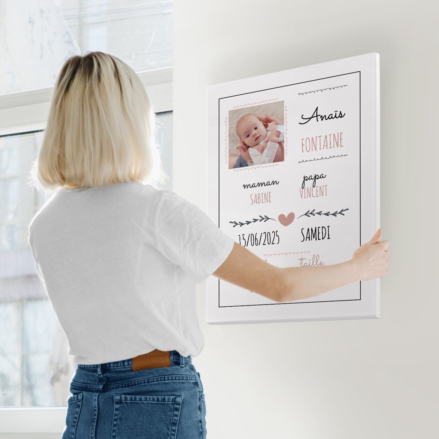 Collage de fotos personalizado en lienzo 50x70 cm para el nacimiento de una niña